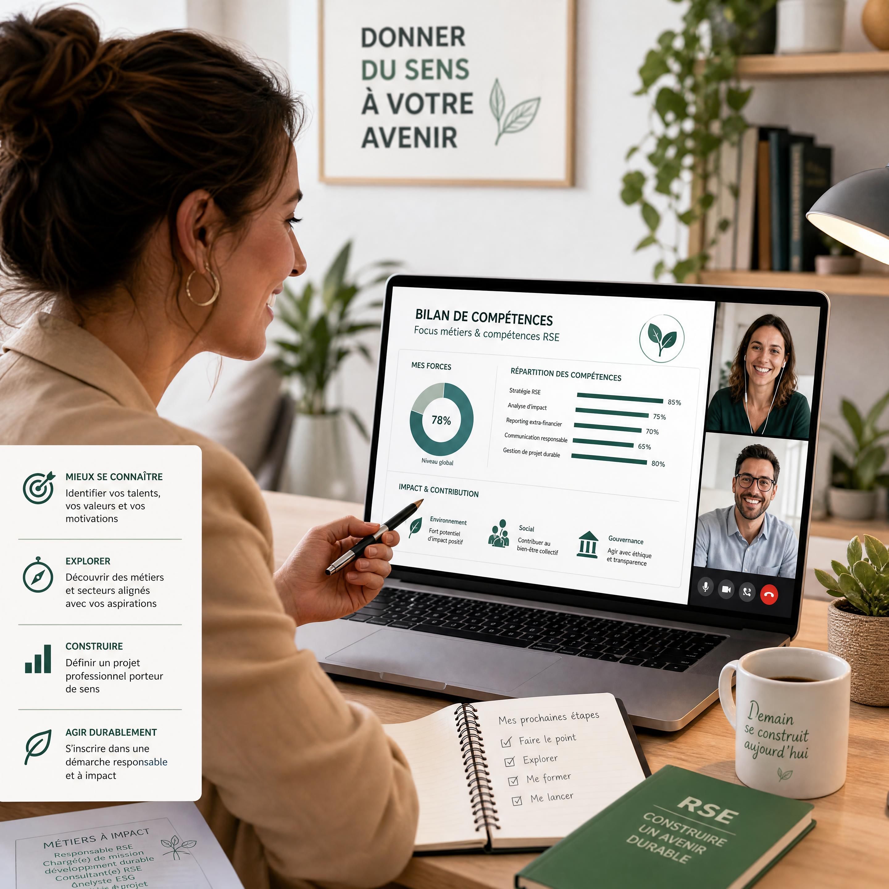 Une professionnelle en pleine séance de bilan de compétences en ligne devant son ordinateur, souriante et analysant des graphiques RSE