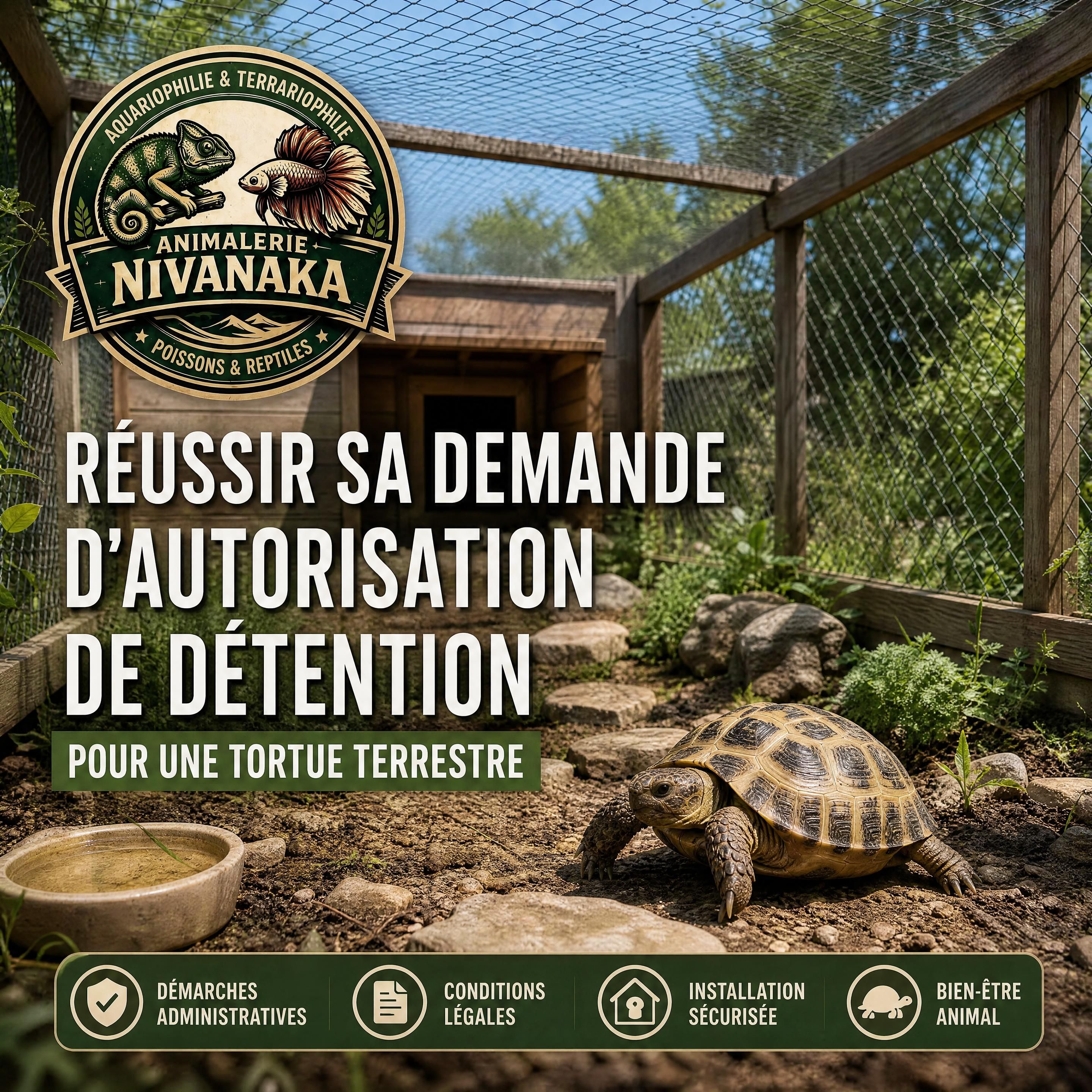Tortue terrestre dans un enclos extérieur sécurisé avec végétation naturelle