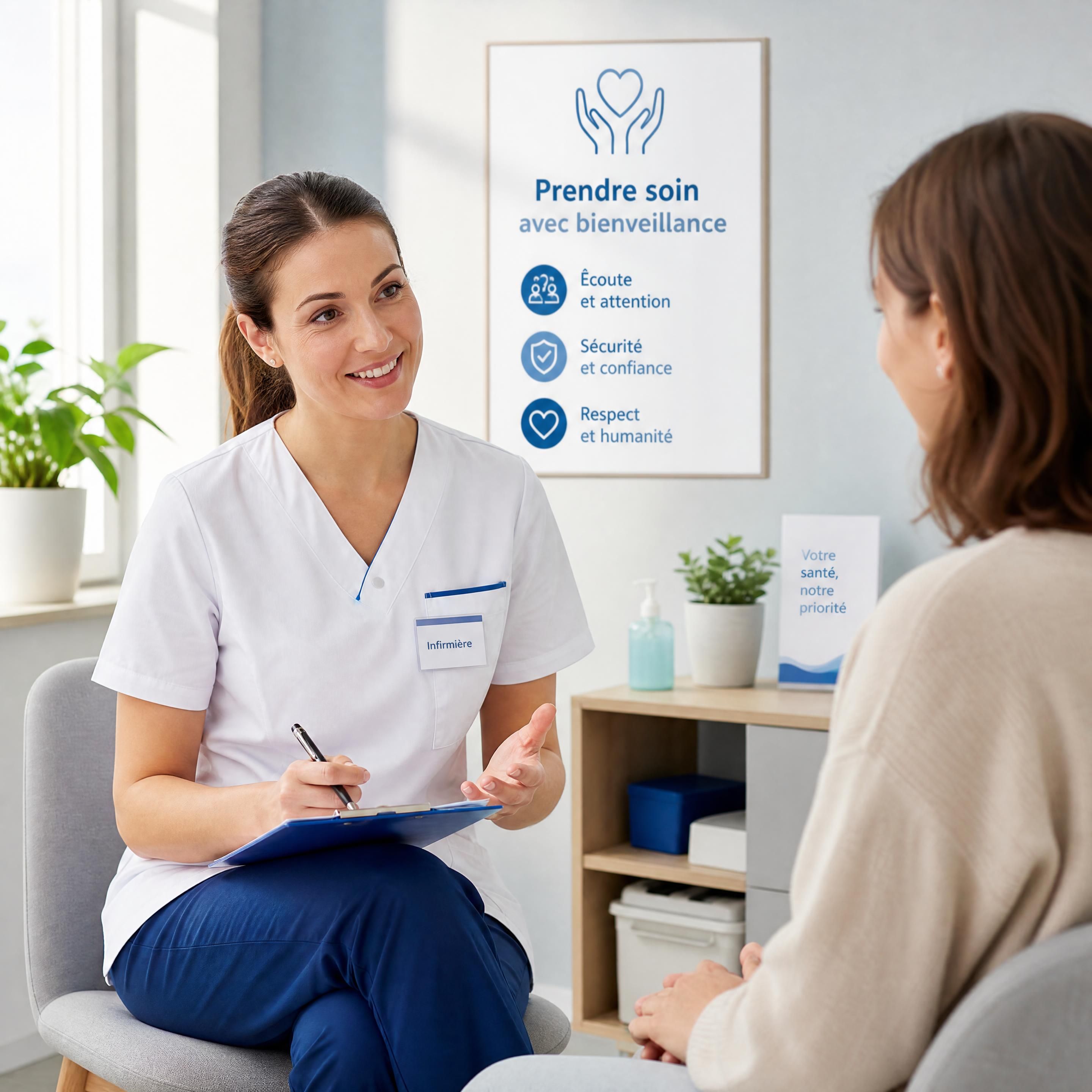 Une infirmière en blouse médicale échangeant avec bienveillance et professionnalisme avec un patient dans un cabinet de soin lumineux