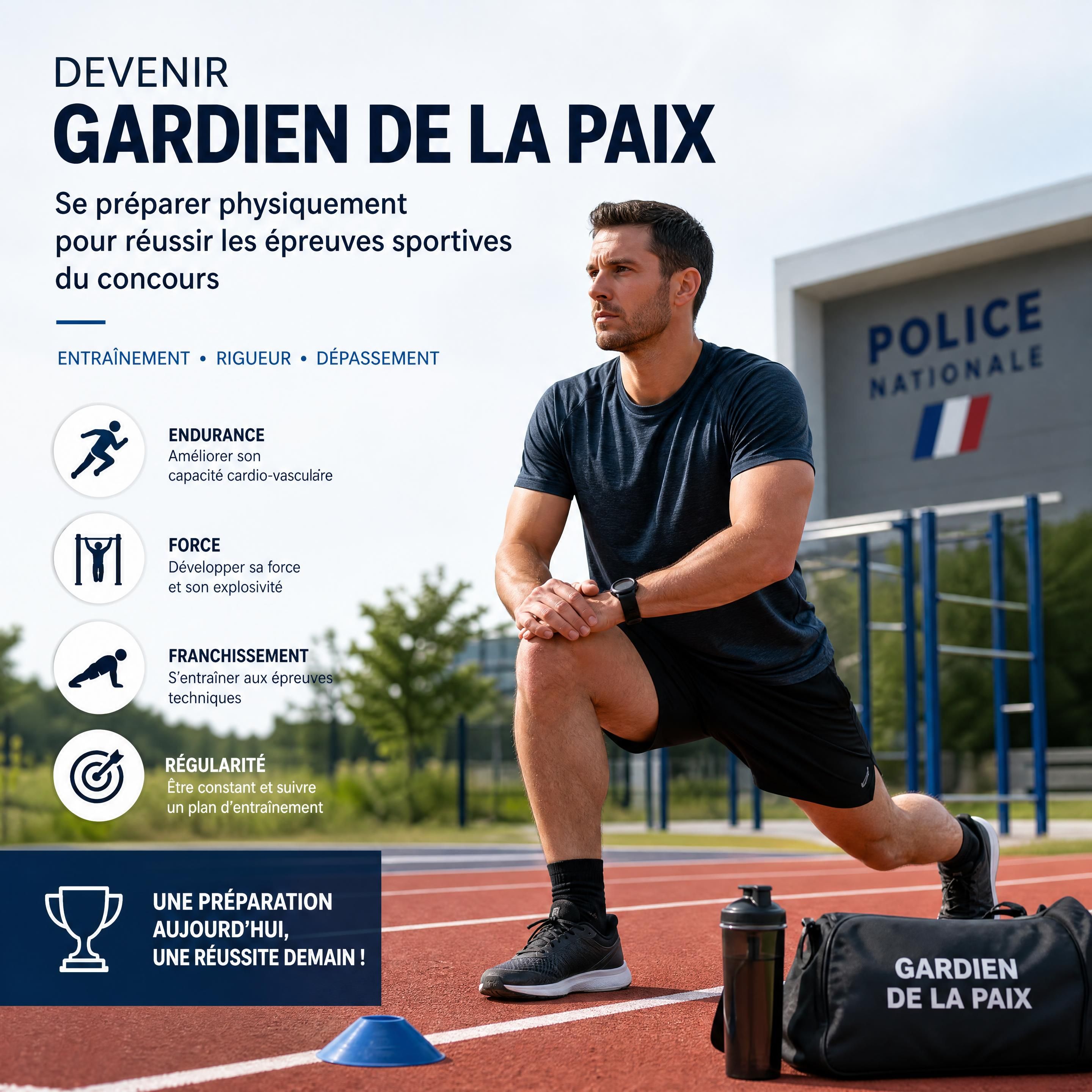 Un professionnel en reconversion s'entraînant physiquement pour réussir les épreuves sportives du concours de gardien de la paix