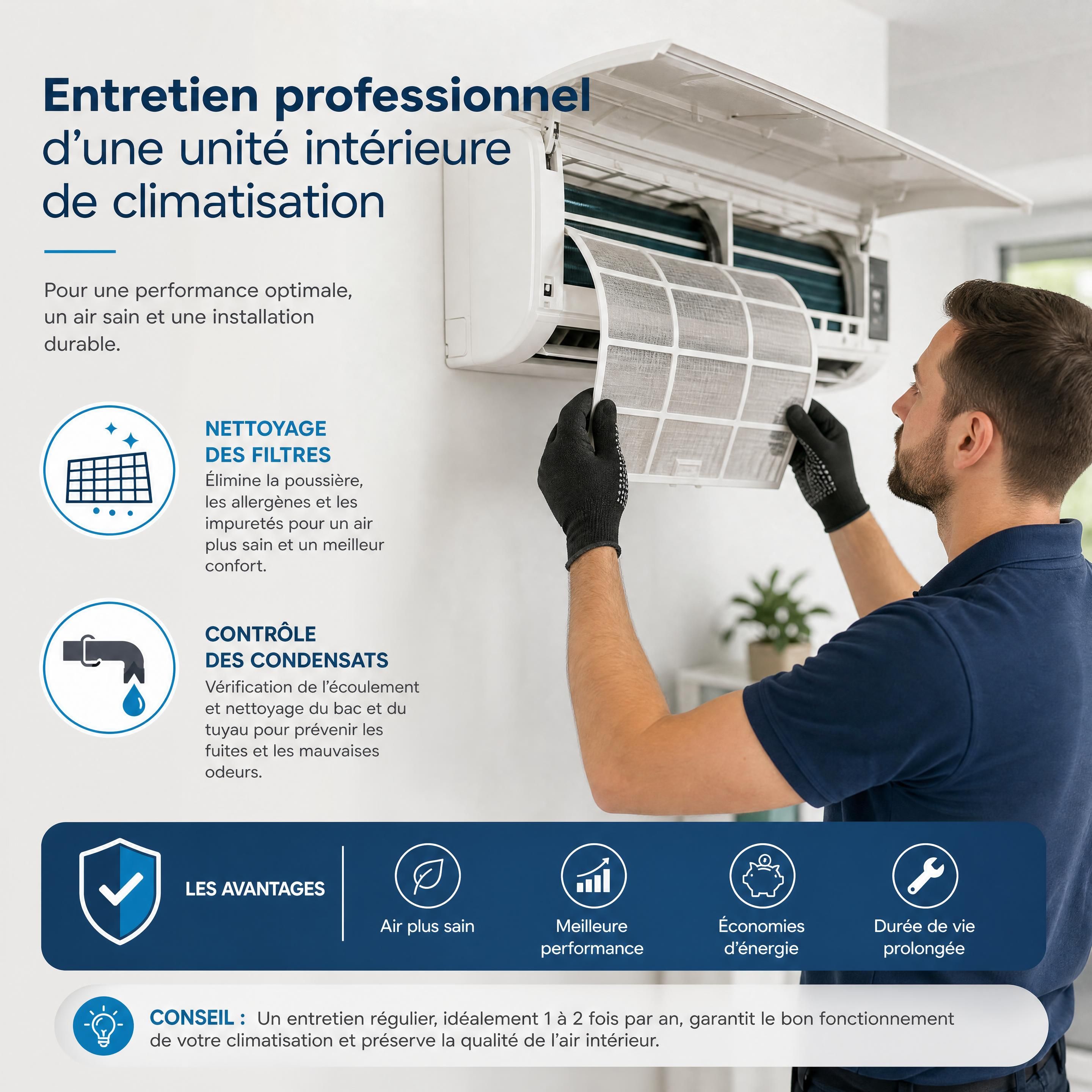 Entretien professionnel d’une unité intérieure de climatisation avec nettoyage des filtres et contrôle des condensats