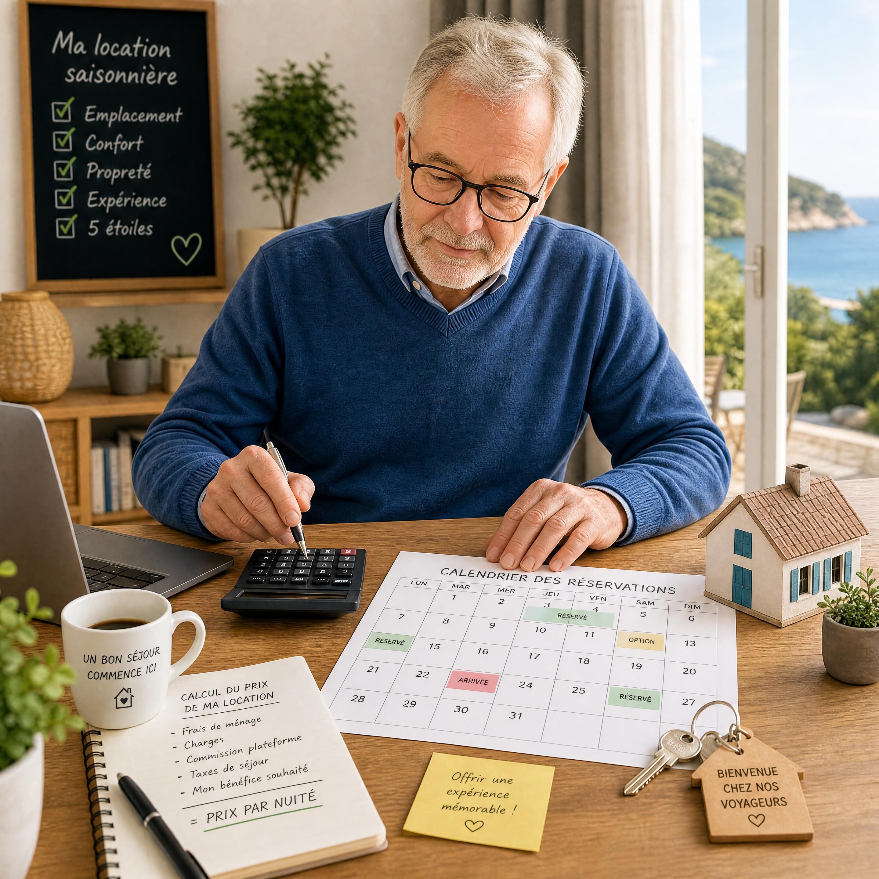 propriétaire senior calculant le prix d’une location saisonnière avec un calendrier papier et une calculatrice