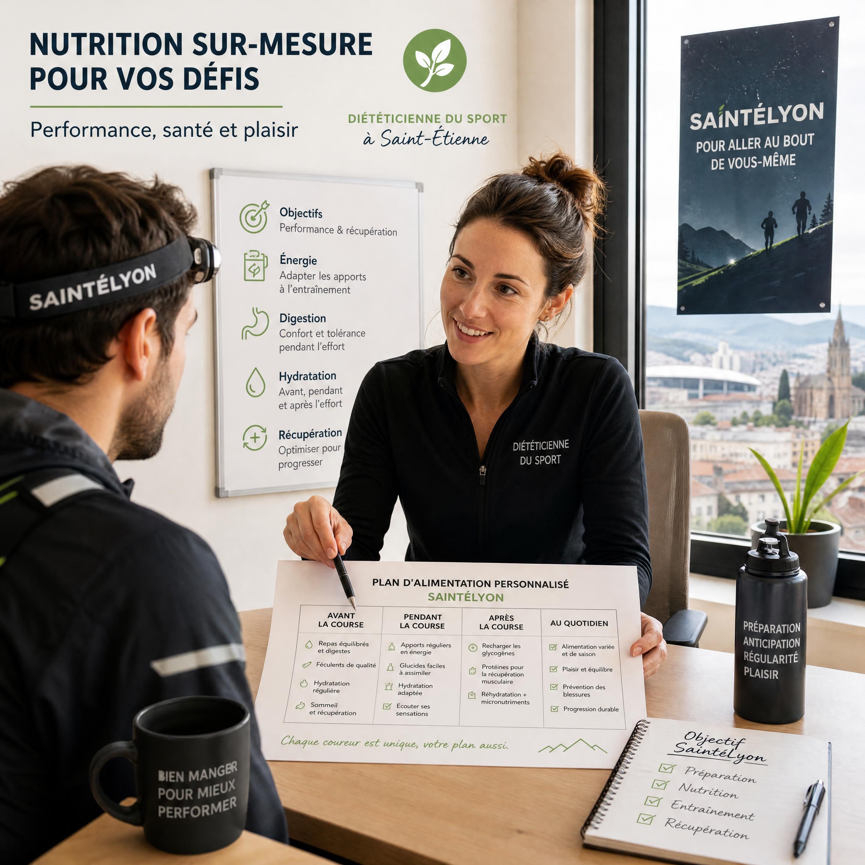 Une diététicienne du sport à Saint-Étienne expliquant un plan d'alimentation personnalisé à un traileur préparant la SaintéLyon