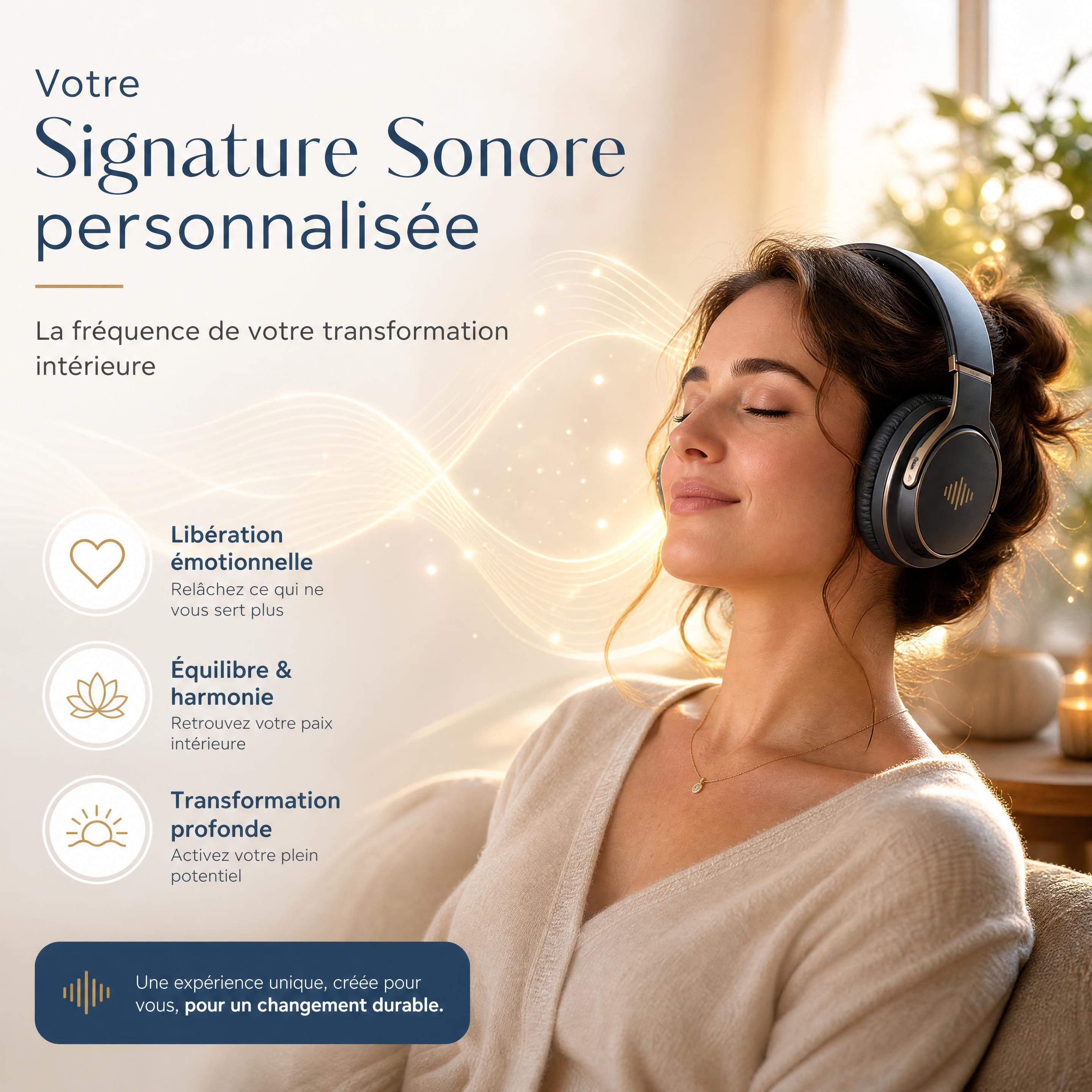 Une femme sereine écoute sa Signature Sonore personnalisée avec un casque audio de haute qualité, baignée dans une lumière douce et harmonieuse, symbolisant la libération émotionnelle et la transformation intérieure