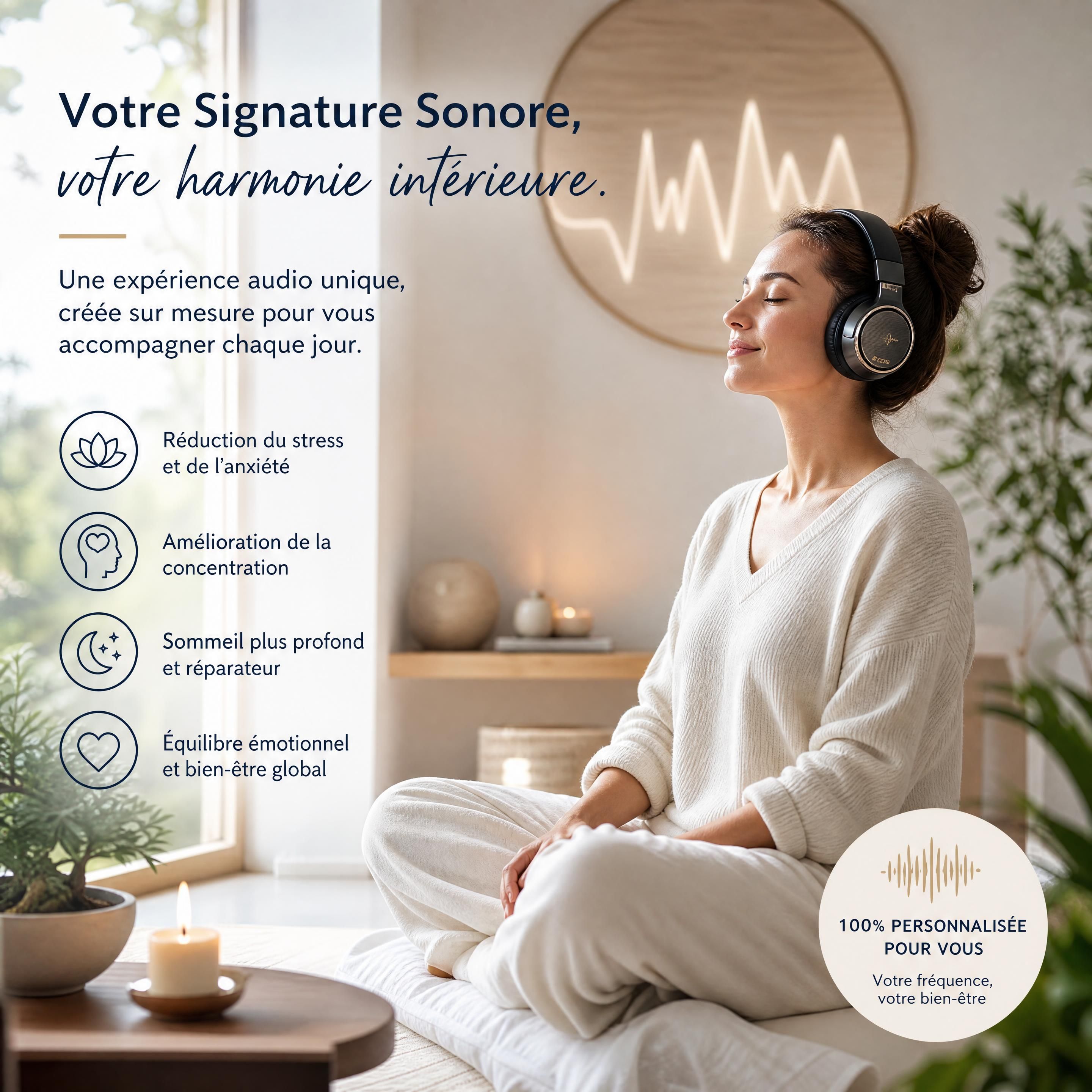 Une personne sereine écoutant sa Signature Sonore personnalisée avec un casque audio de haute qualité dans un espace de méditation zen et lumineux
