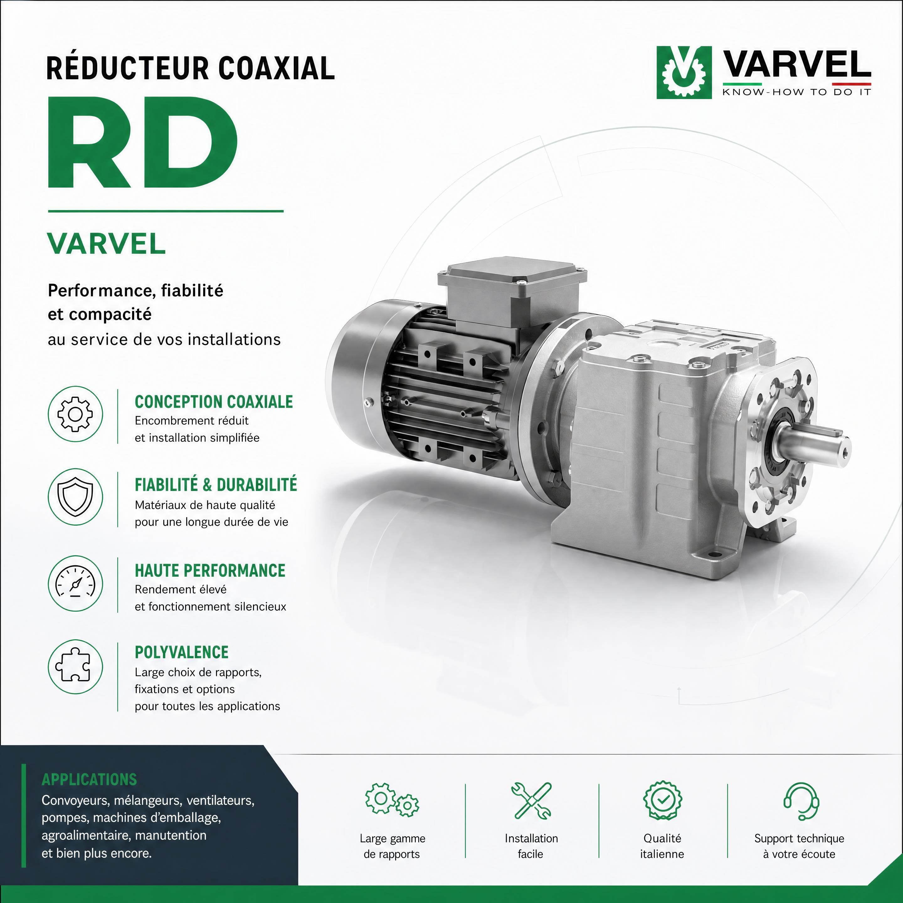 Réducteur coaxial Varvel RD en coupe montrant les engrenages hélicoïdaux et la carcasse monobloc