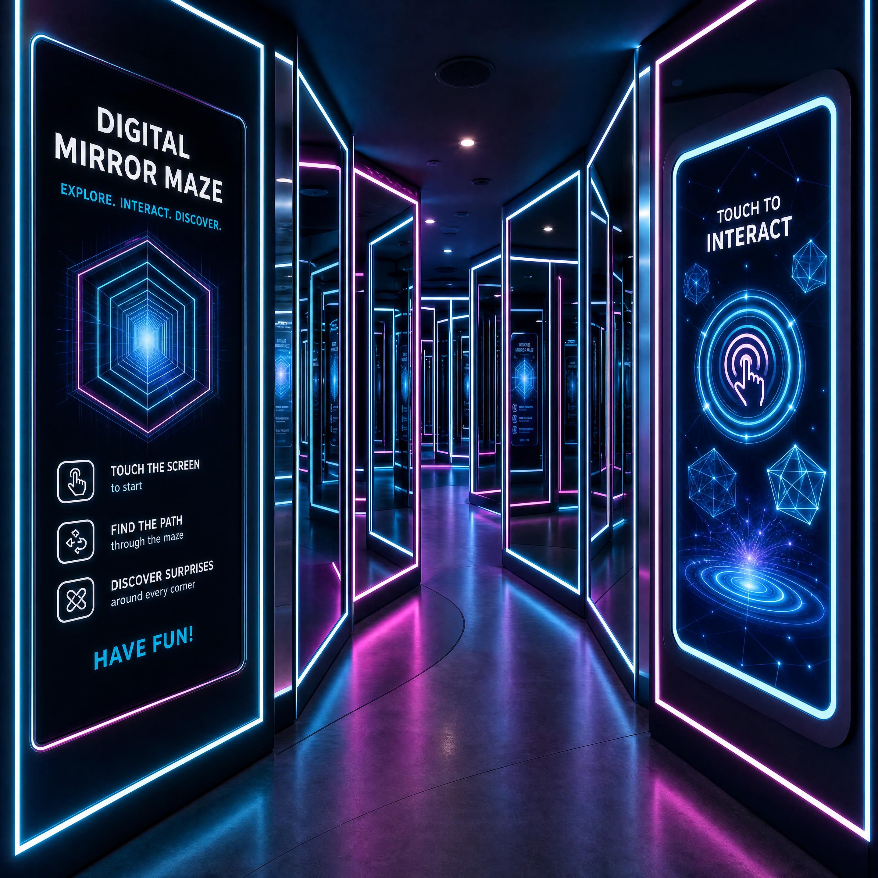 A winding corridor of a modern digital mirror maze, featuring glowing neon LED trim, two-way smart mirrors, and interactive touch screens displaying holographic patterns