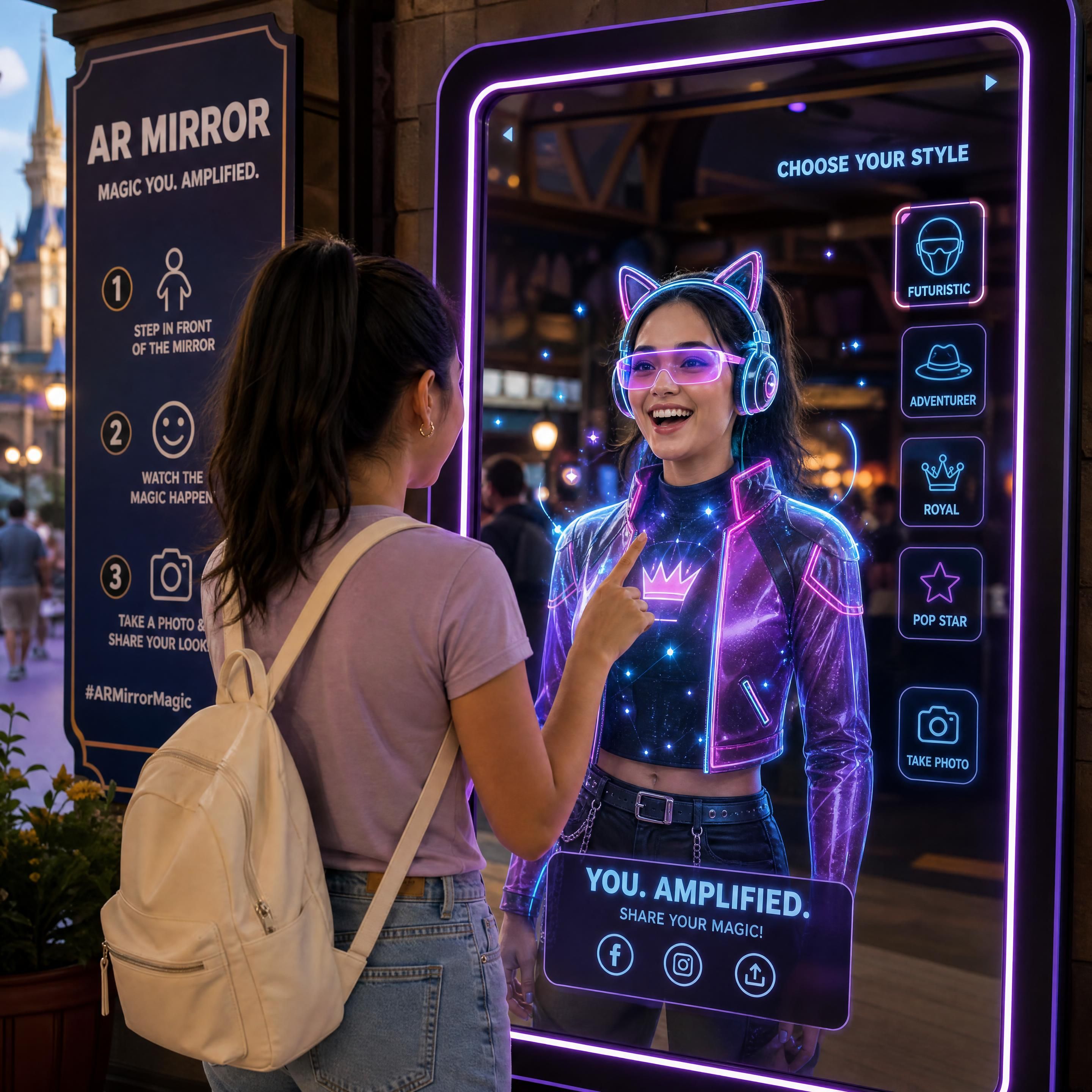 A young visitor interacting with an AR mirror attraction inside a theme park, watching their reflection transform into a digital avatar with vibrant neon overlays