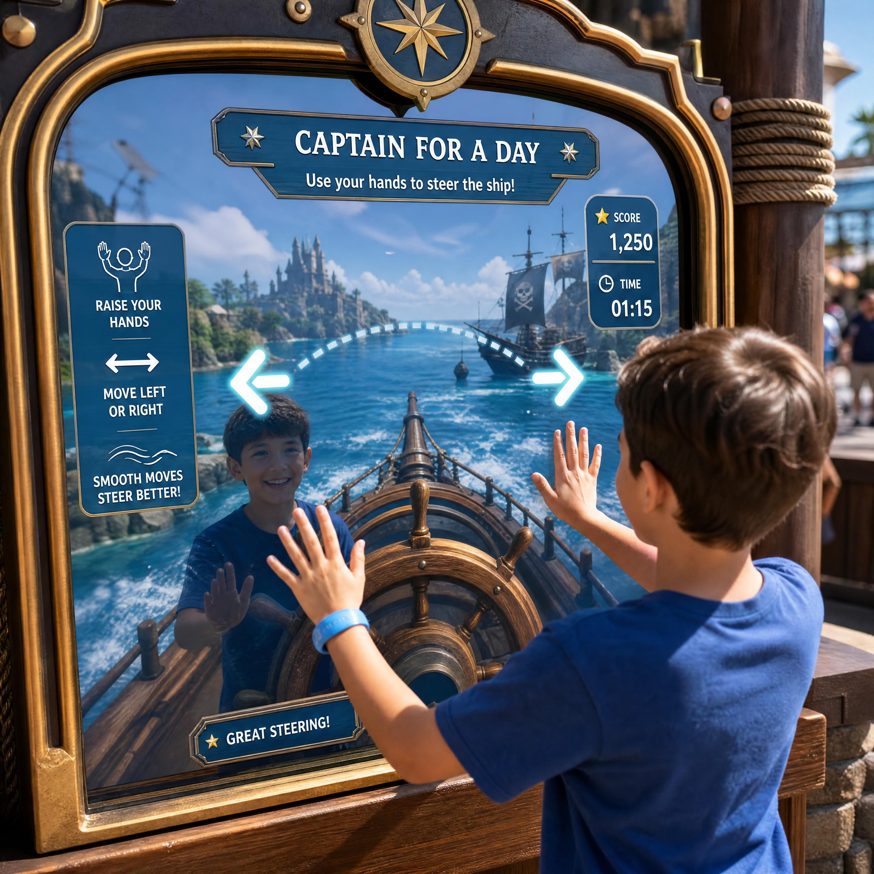 A close-up of an interactive smart mirror interface in a theme park, showing a kid steering a virtual ship by waving their hands in front of the reflective glass