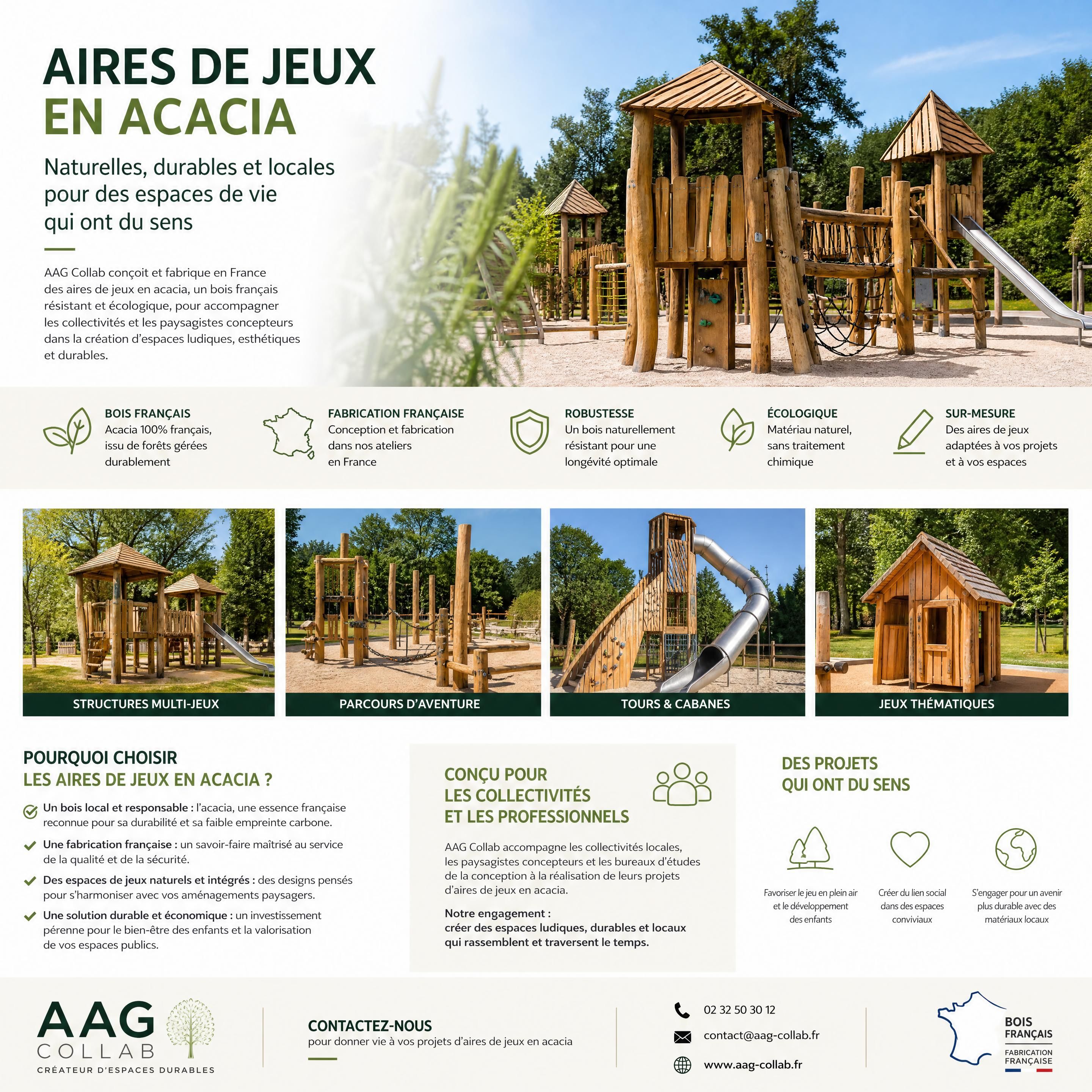Aire de jeux en bois d’acacia français intégrée dans un aménagement paysager naturel pour une collectivité