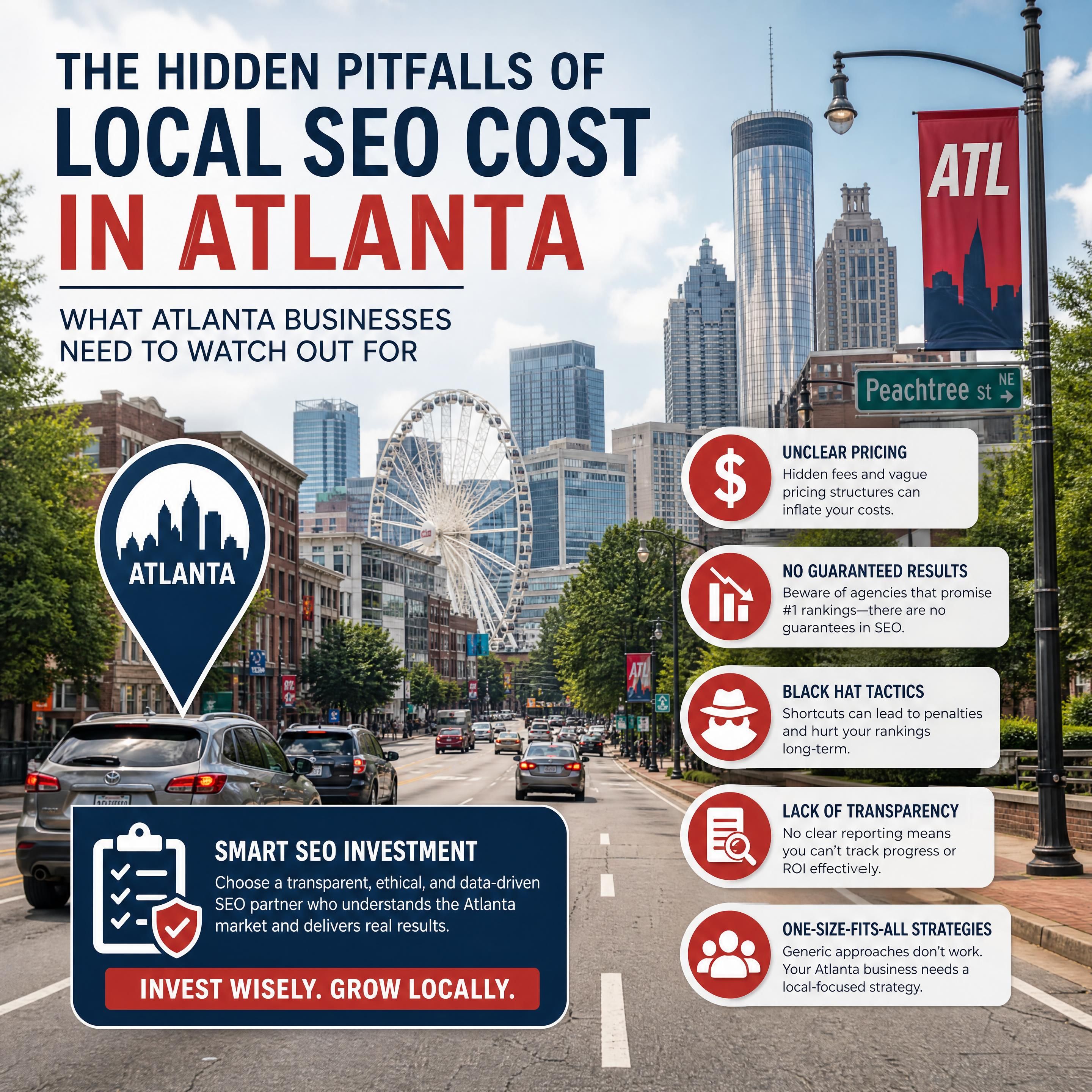 A busy Atlanta street view with digital marketing icons showing local SEO cost Atlanta business pitfalls