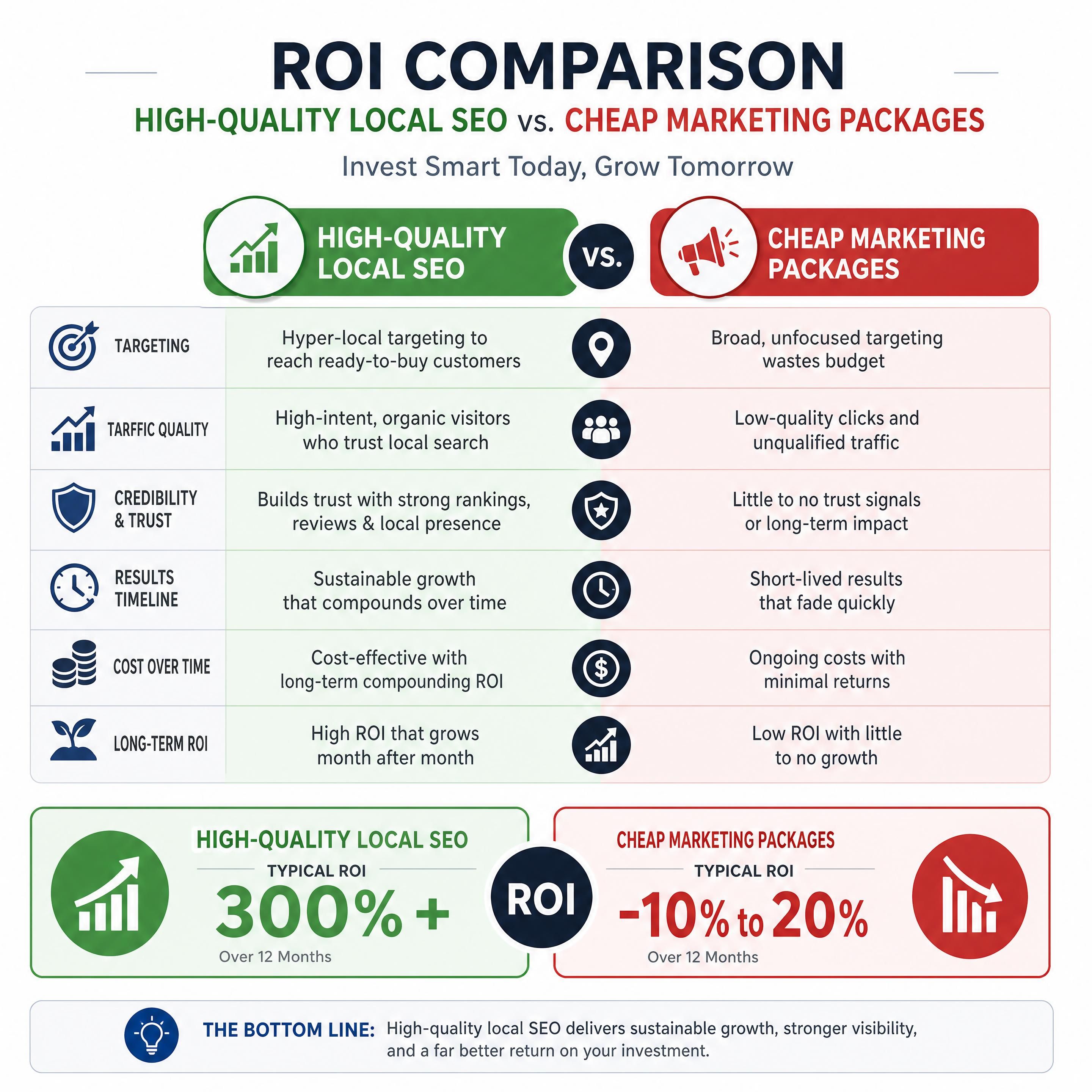 A comparison chart showing the ROI of high-quality local SEO versus cheap marketing packages