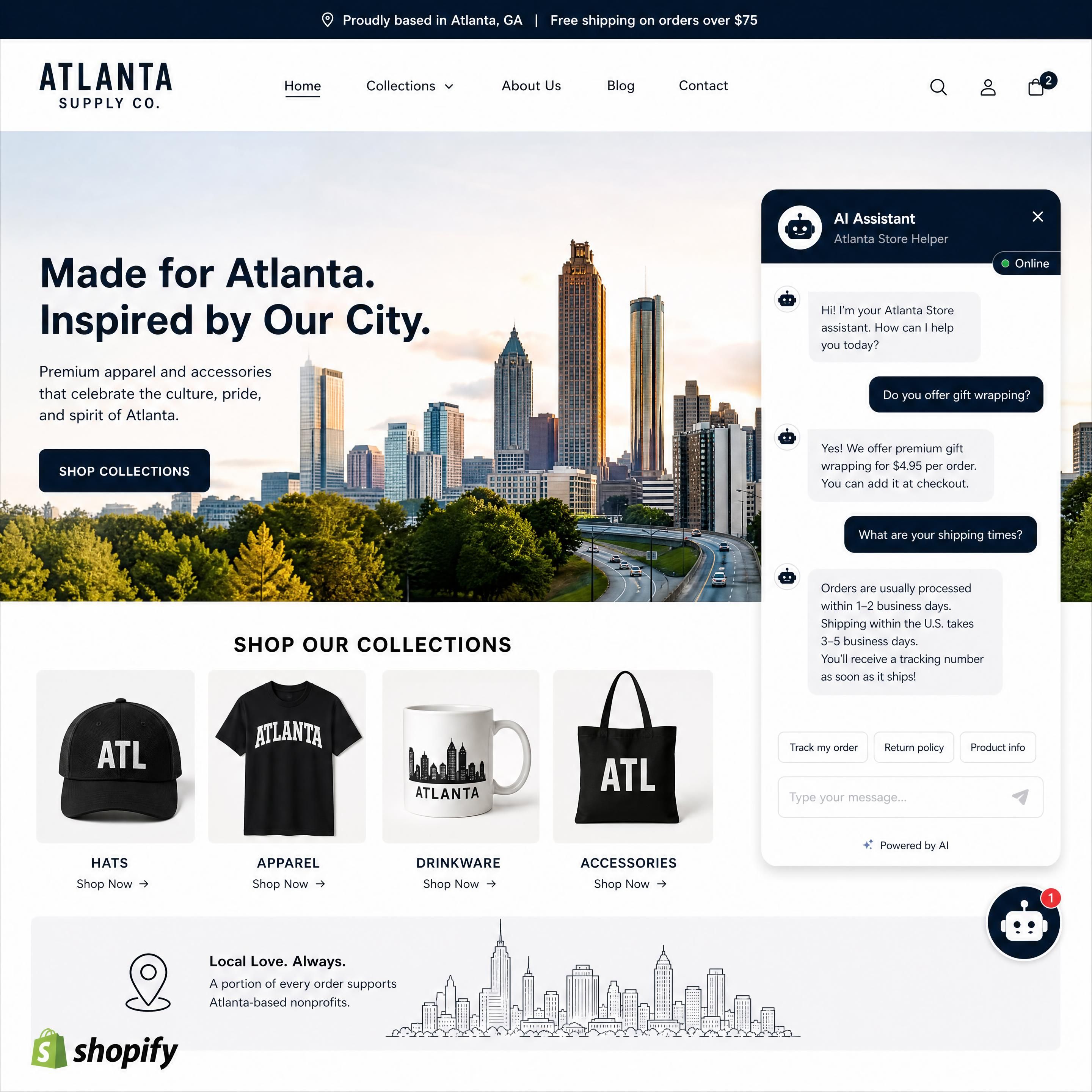 An interactive AI chatbot interface on an Atlanta Shopify store website
