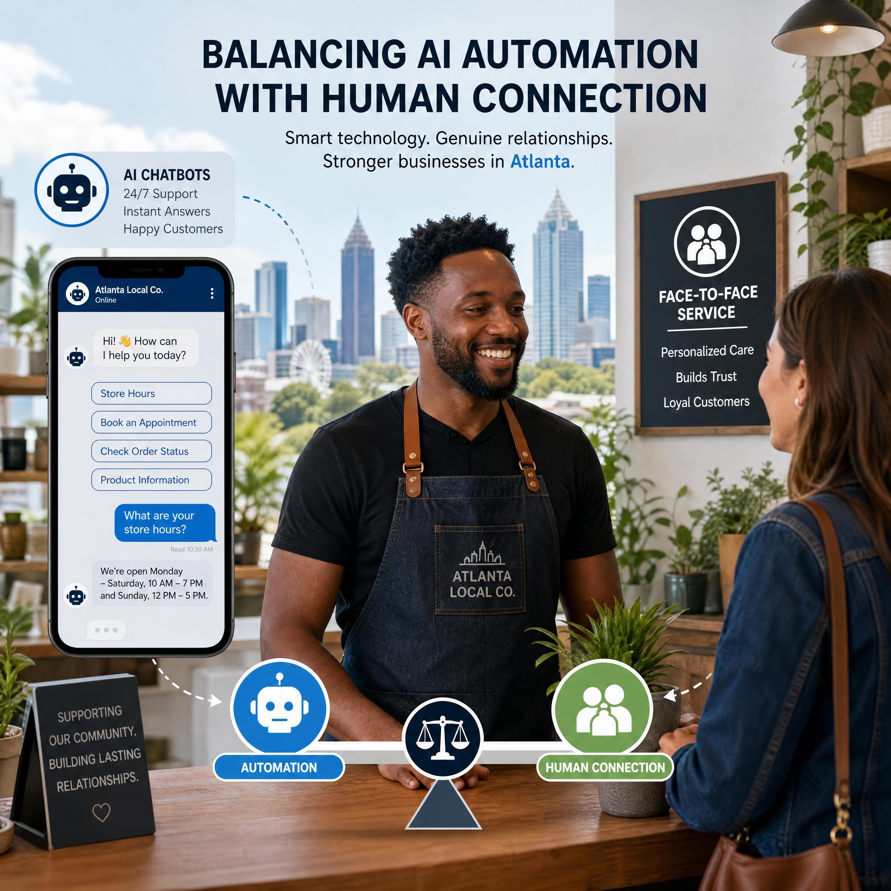 A local business owner in Atlanta balancing automated AI chatbots with face-to-face customer service