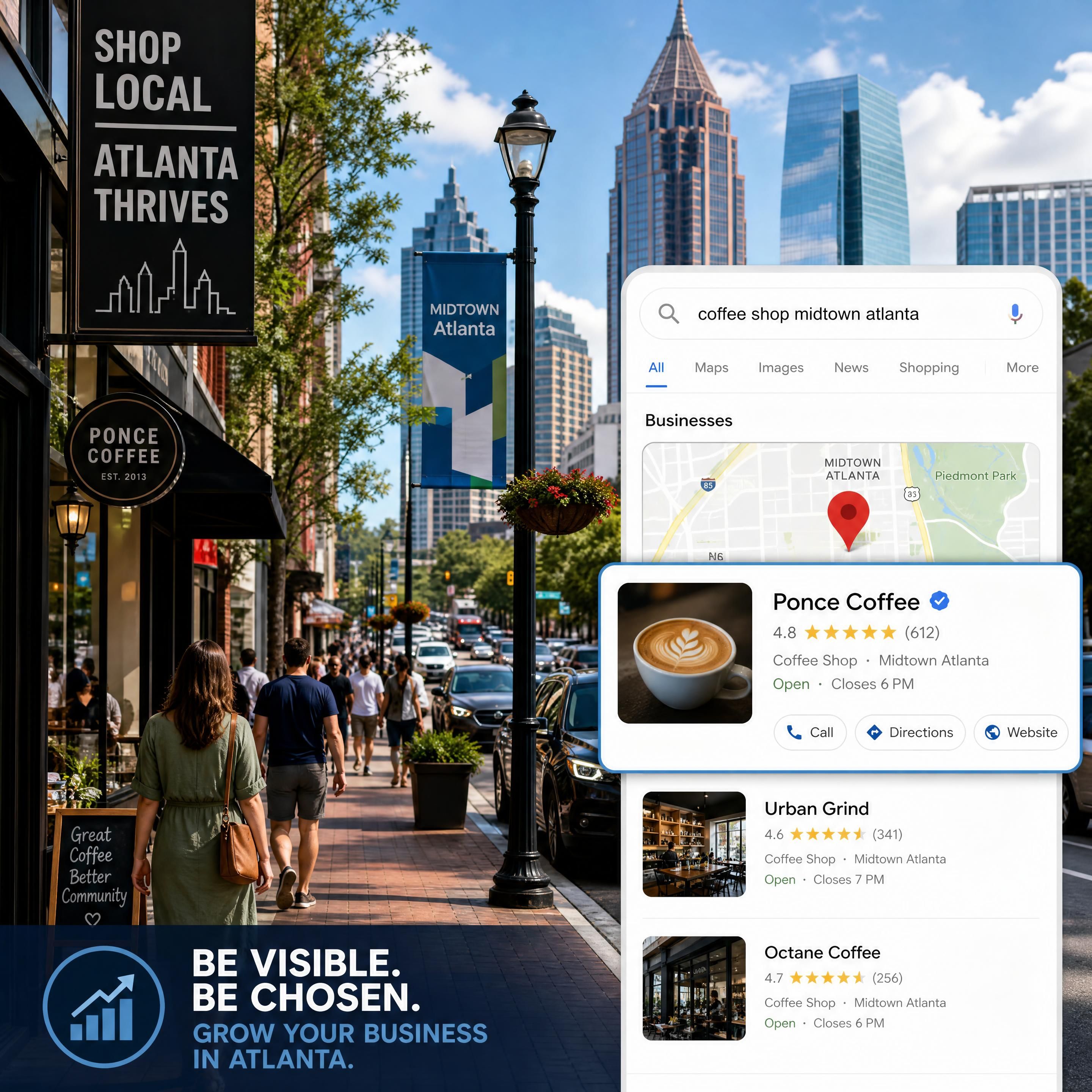 A busy street in midtown Atlanta symbolizing local commerce and digital search visibility