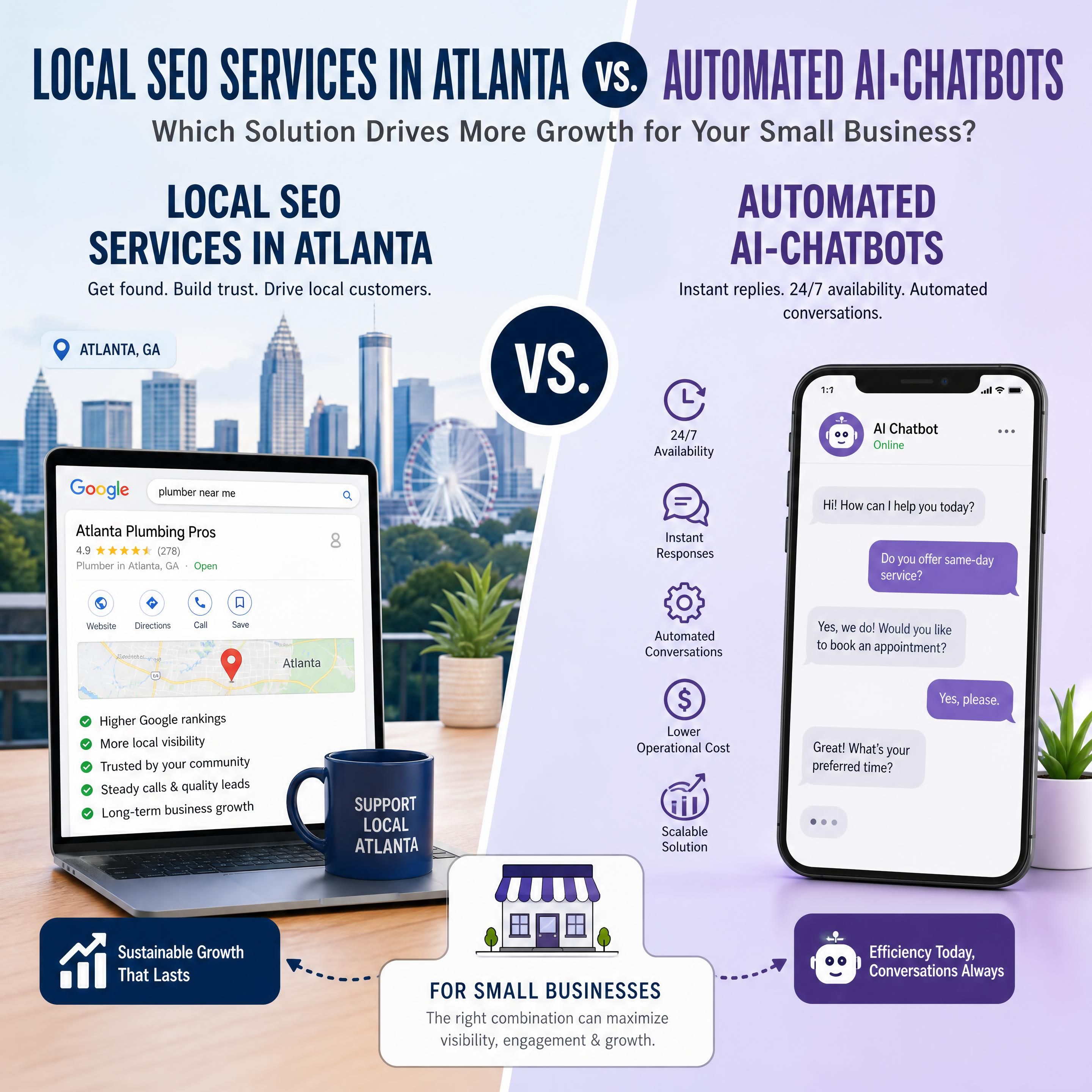 Illustration comparing local SEO services in Atlanta with automated AI-chatbots for small business on a split-screen layout