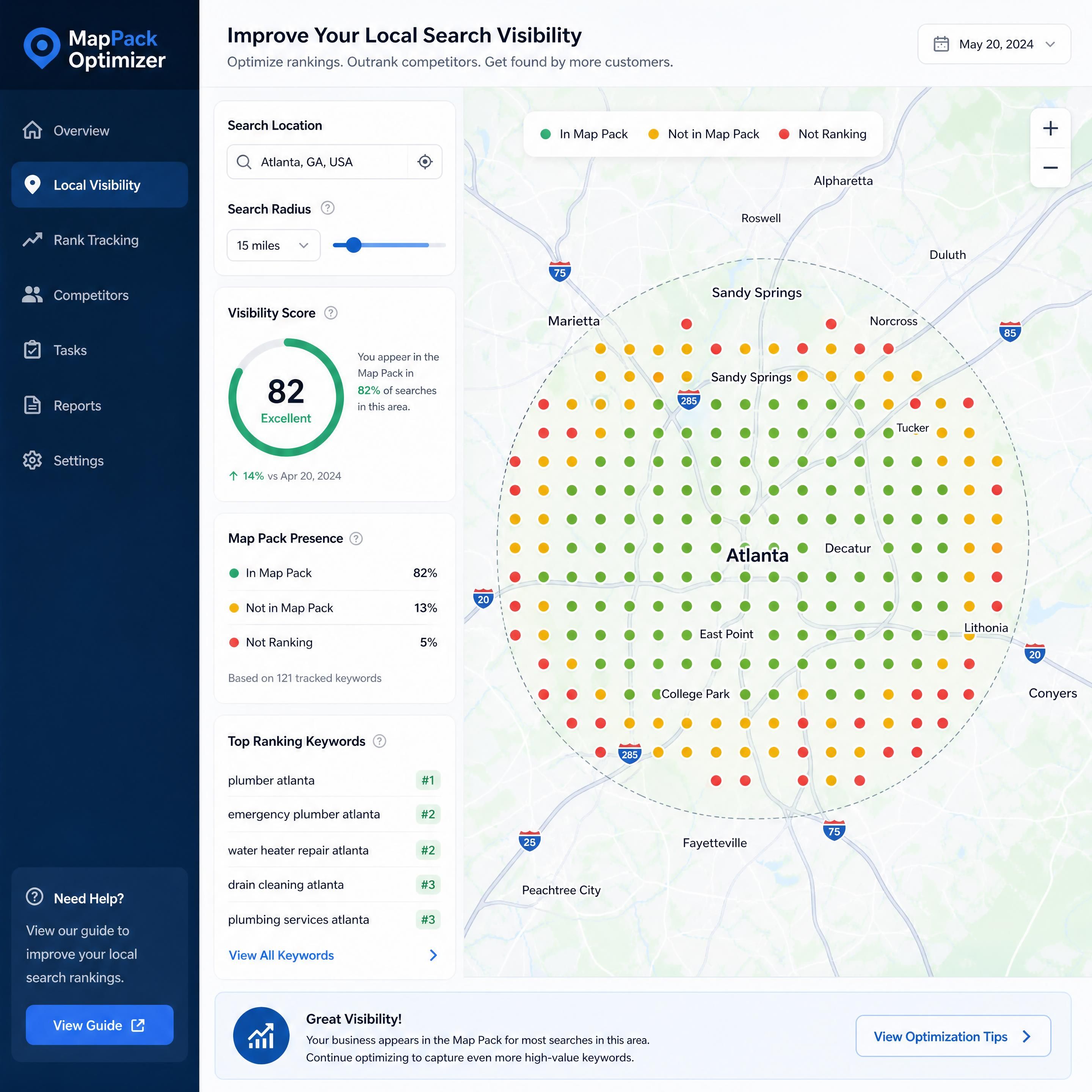 Map pack optimization tool interface highlighting local search visibility in the Atlanta metro area