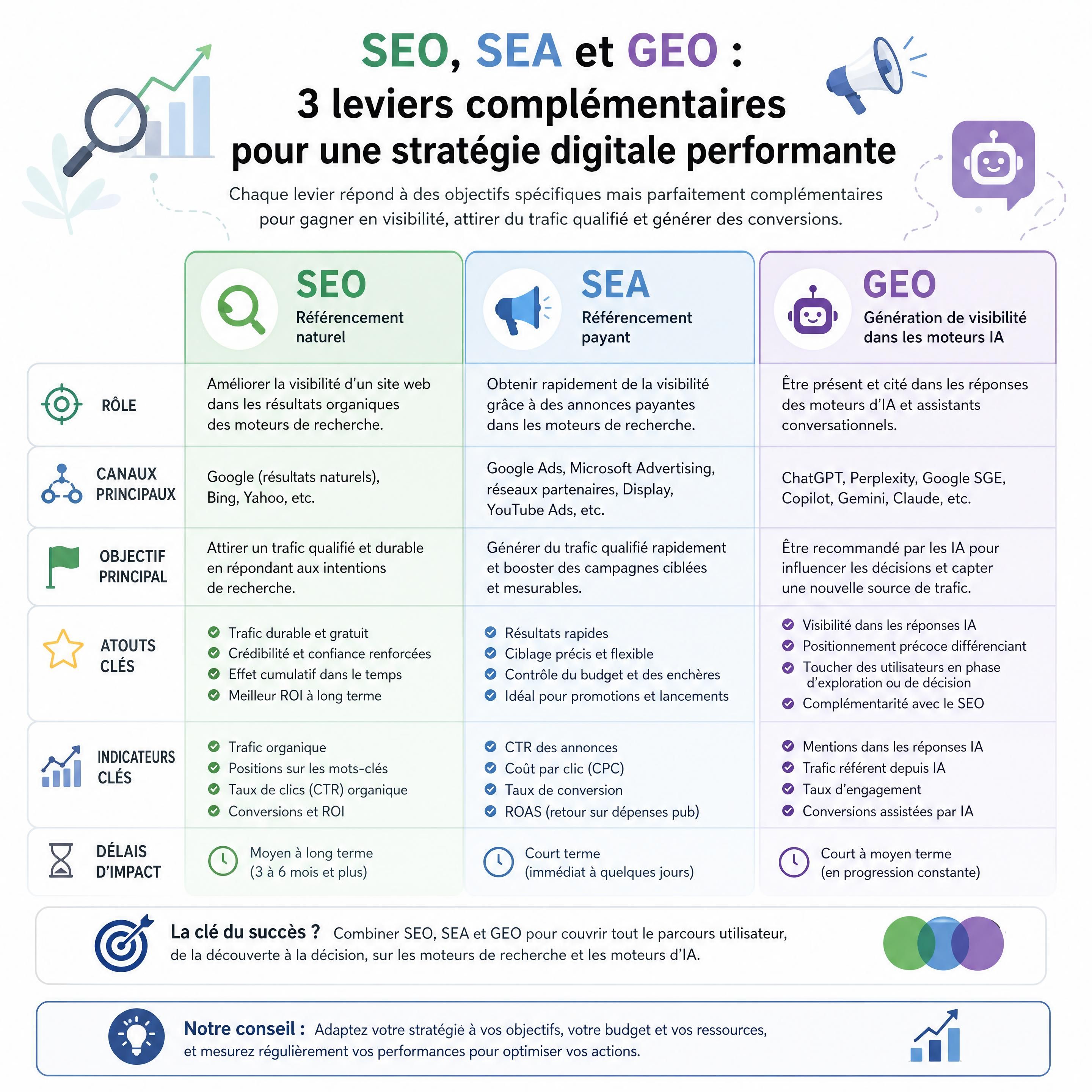 Infographie professionnelle comparant les rôles du SEO, du SEA et du GEO dans une stratégie marketing digitale