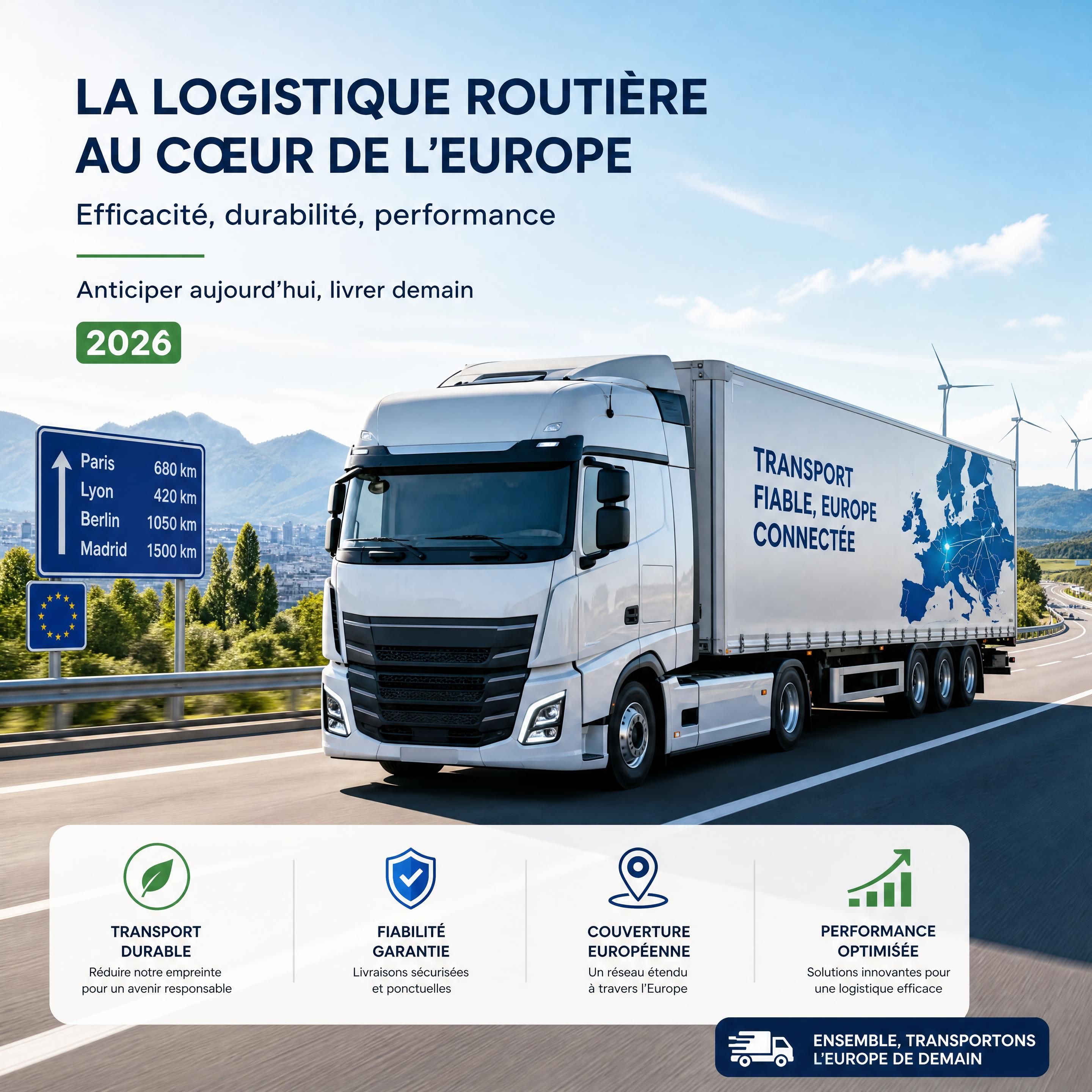 Camion de transport routier moderne circulant sur une autoroute européenne sous un ciel dégagé, illustrant la logistique et le transport de marchandises en Europe en 2026