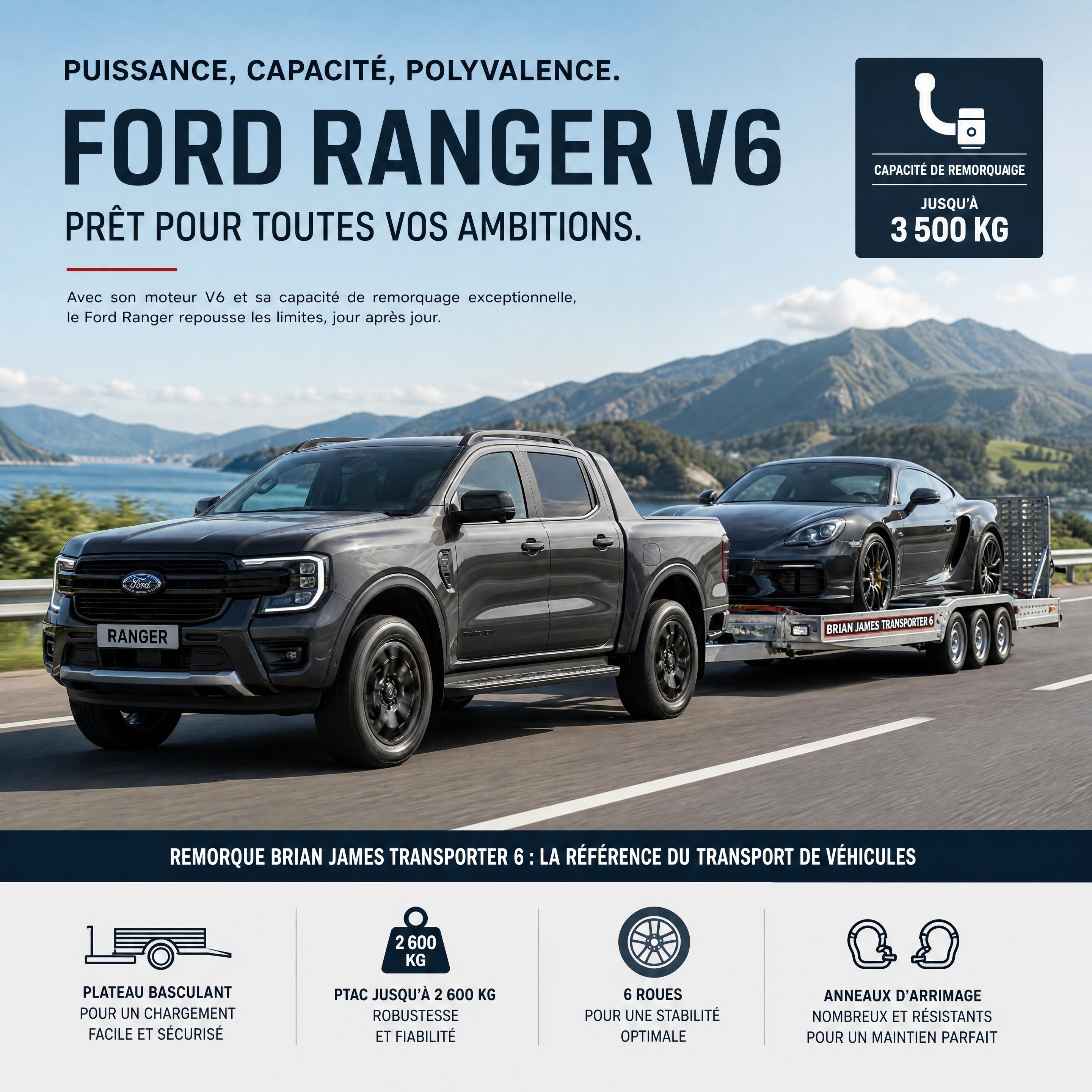 Ford Ranger V6 tractant une remorque Brian James Transporter 6 chargée d’un véhicule haut de gamme