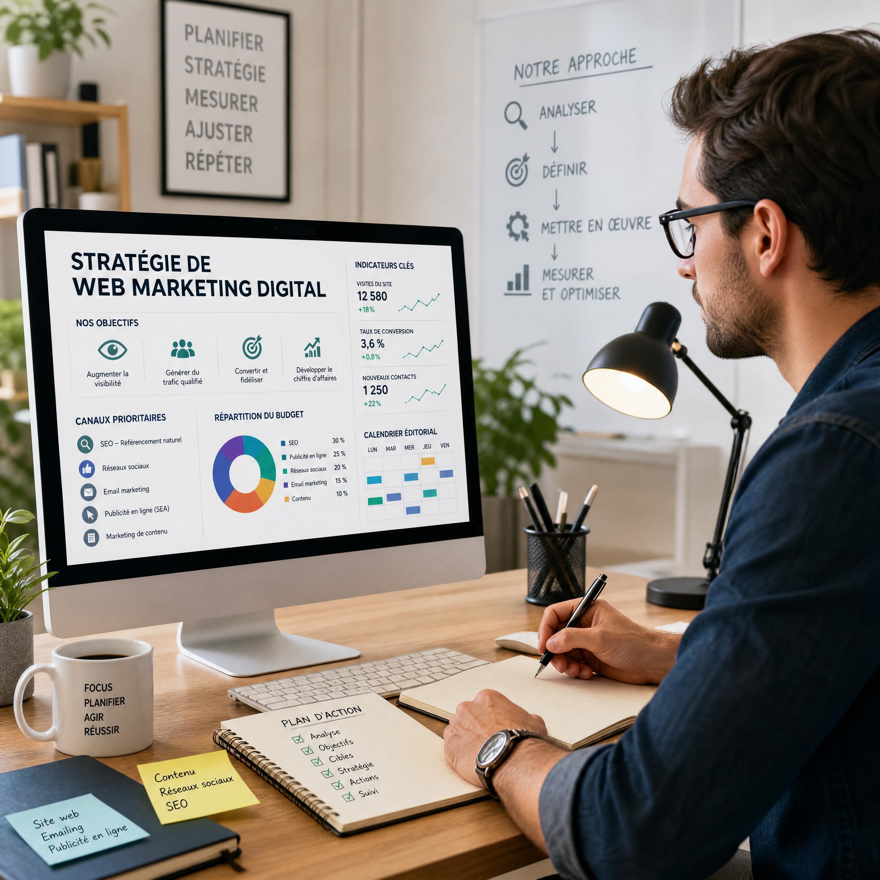Un professionnel en pleine séance de travail sur sa stratégie de web marketing digital devant son ordinateur