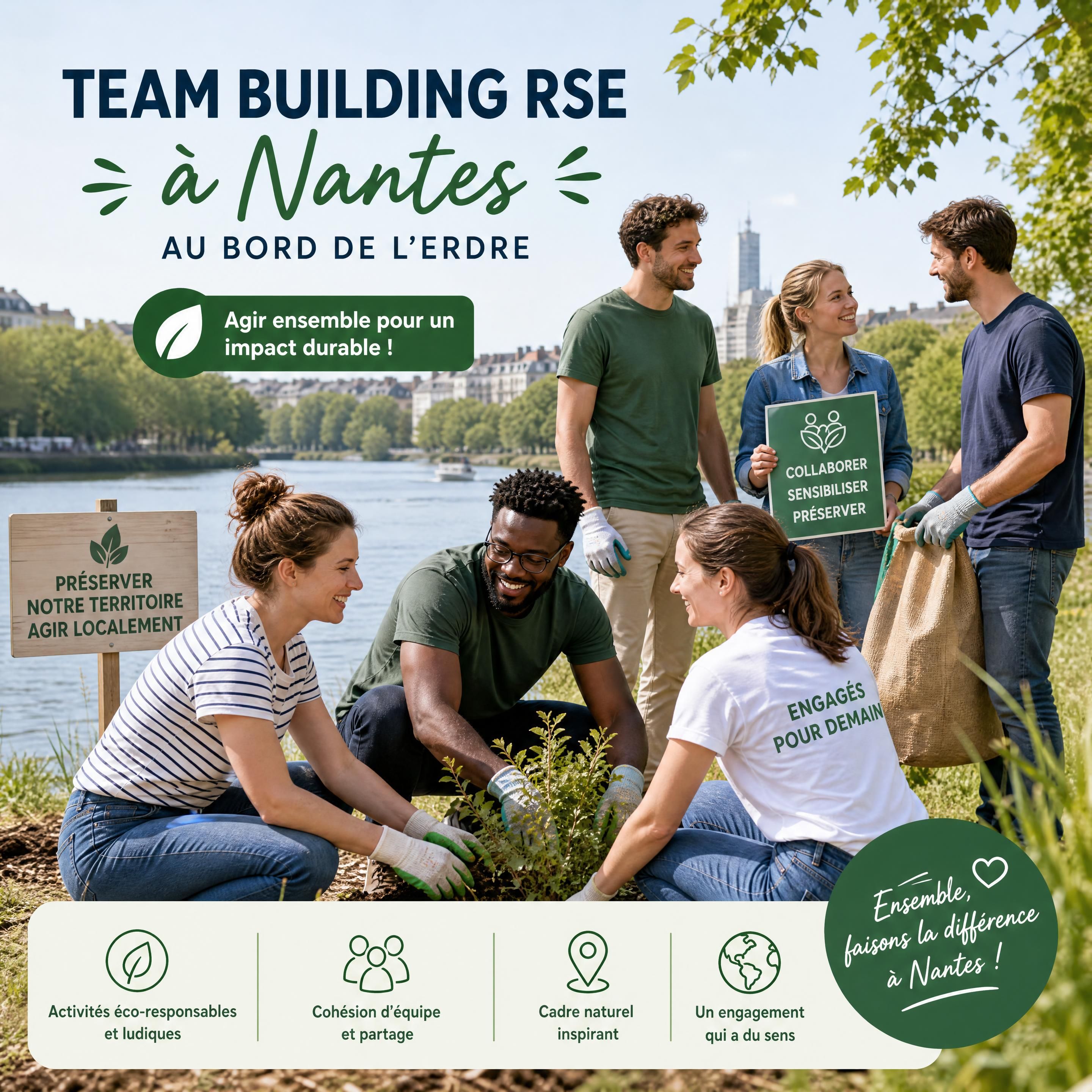 Équipe de collaborateurs souriants participant à un team building RSE en plein air à Nantes au bord de l'Erdre