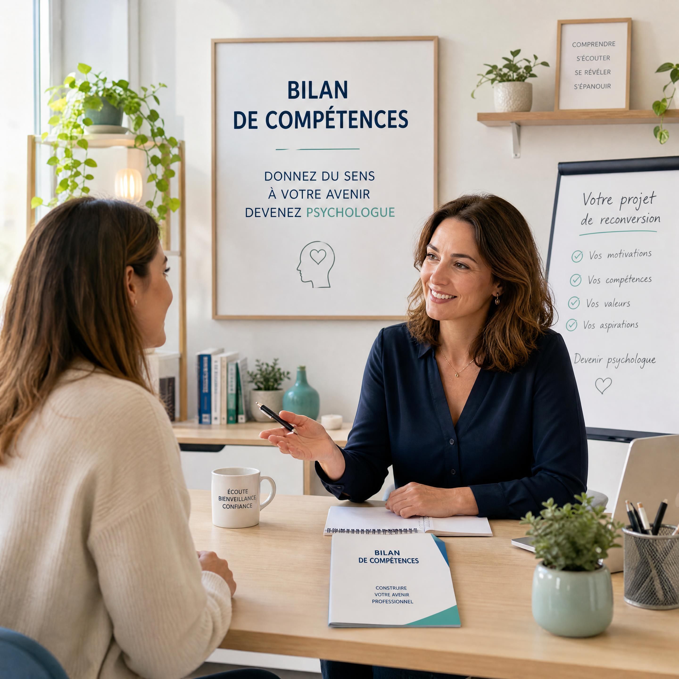 Personne en reconversion professionnelle échangeant avec une consultante lors d’un bilan de compétences pour devenir psychologue