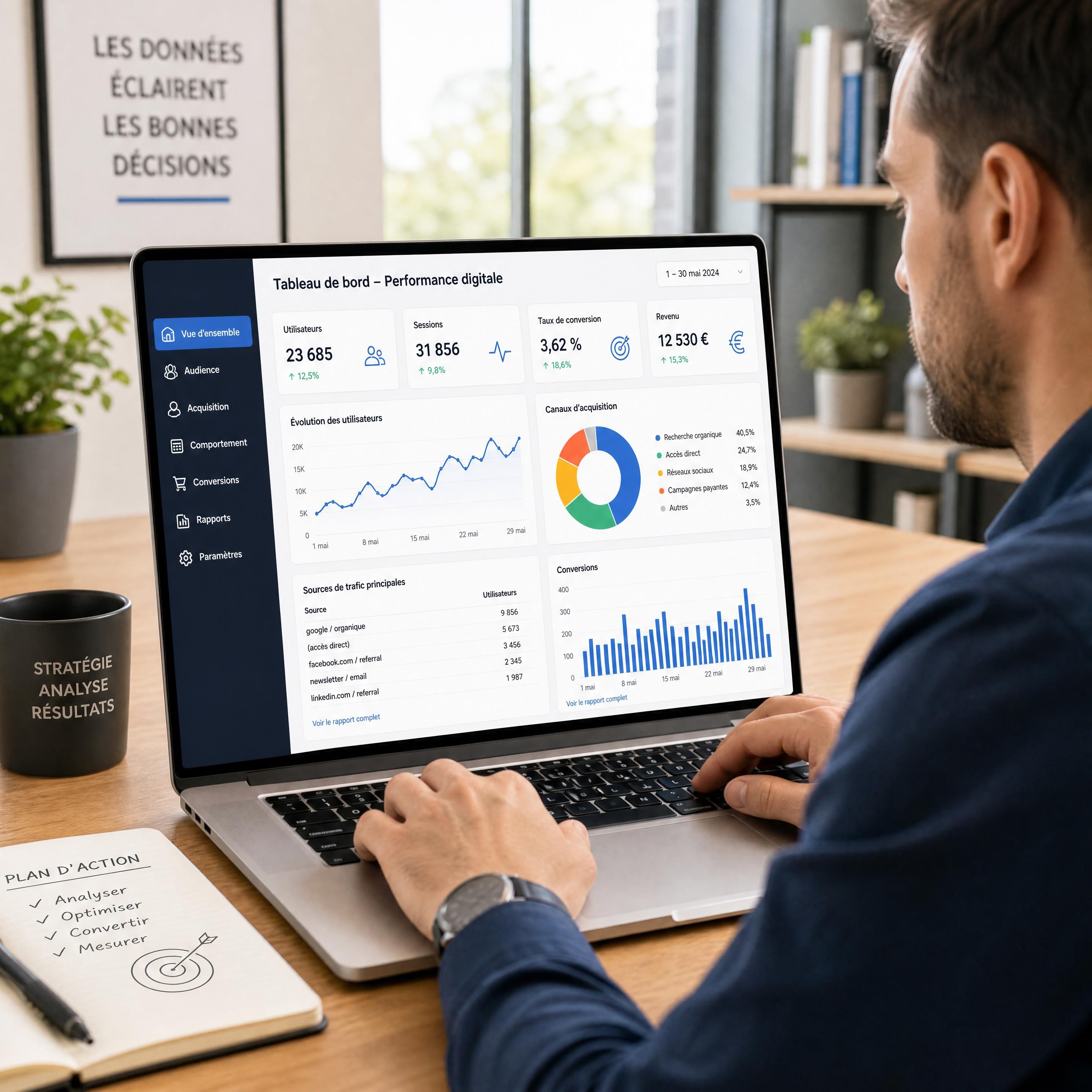 Un professionnel analysant des graphiques de performance digitale sur un écran d'ordinateur portable dans un bureau moderne et lumineux