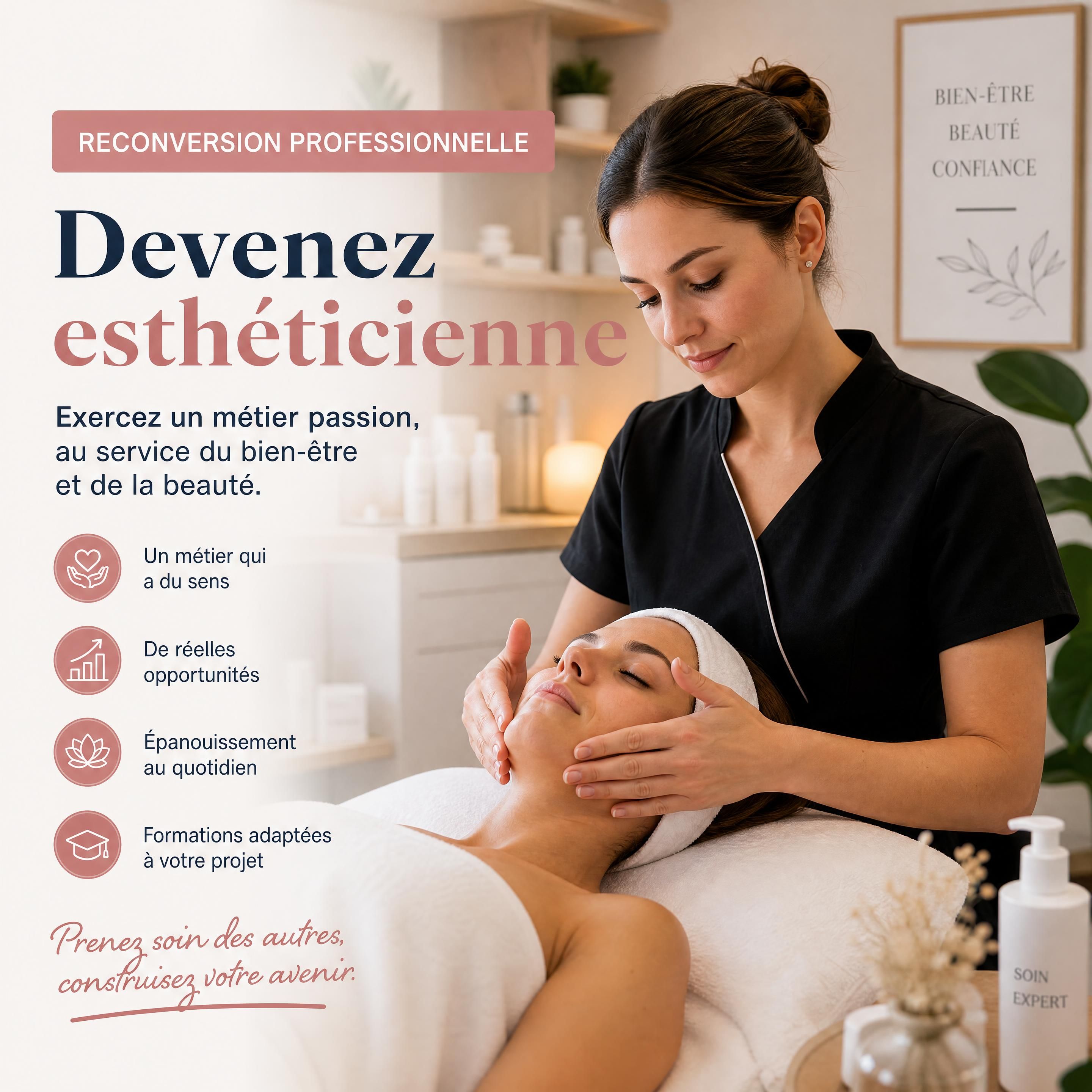 Reconversion professionnelle esthéticienne : une praticienne en plein soin de massage du visage dans un institut de beauté moderne