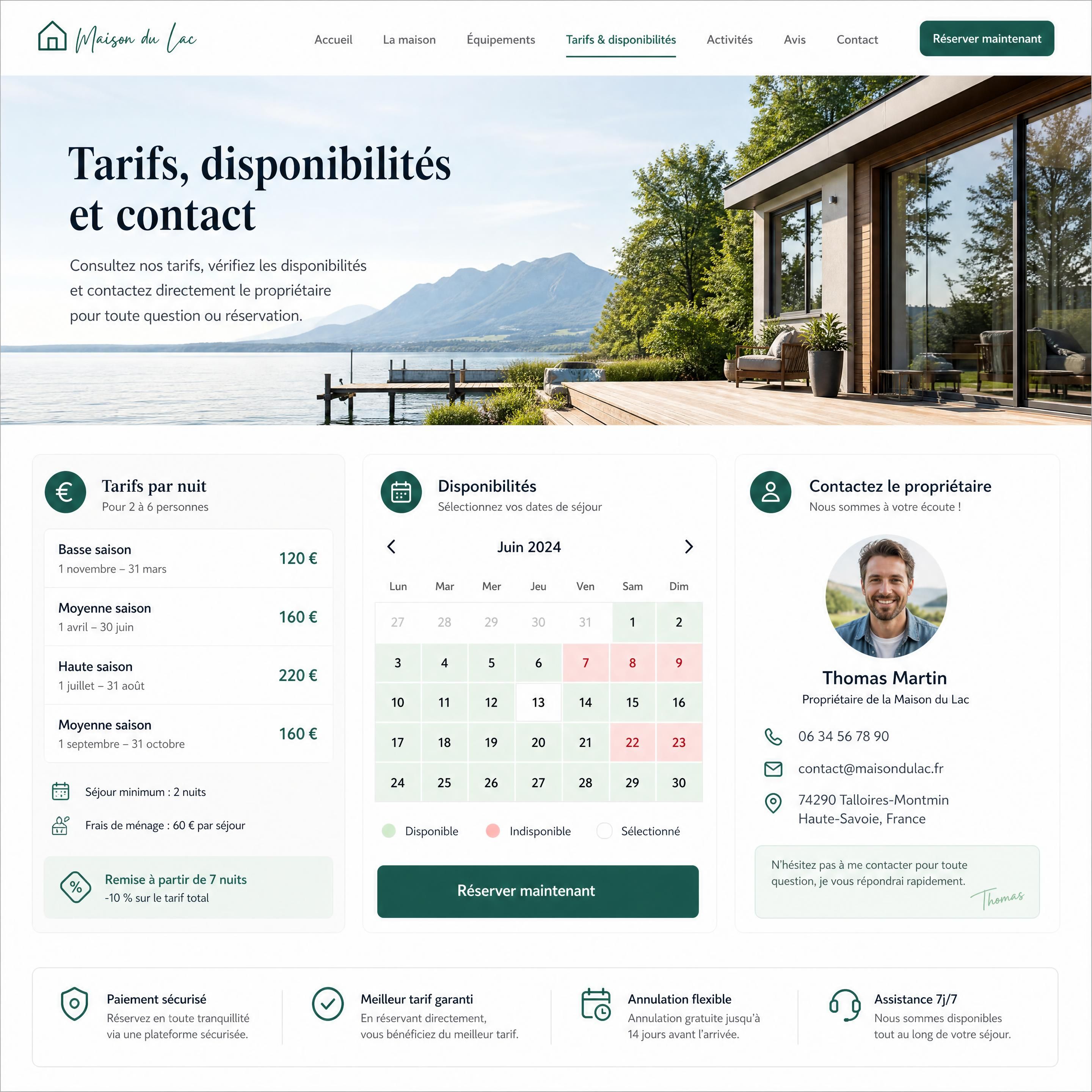 Exemple de page web présentant les tarifs, les disponibilités et les coordonnées du propriétaire