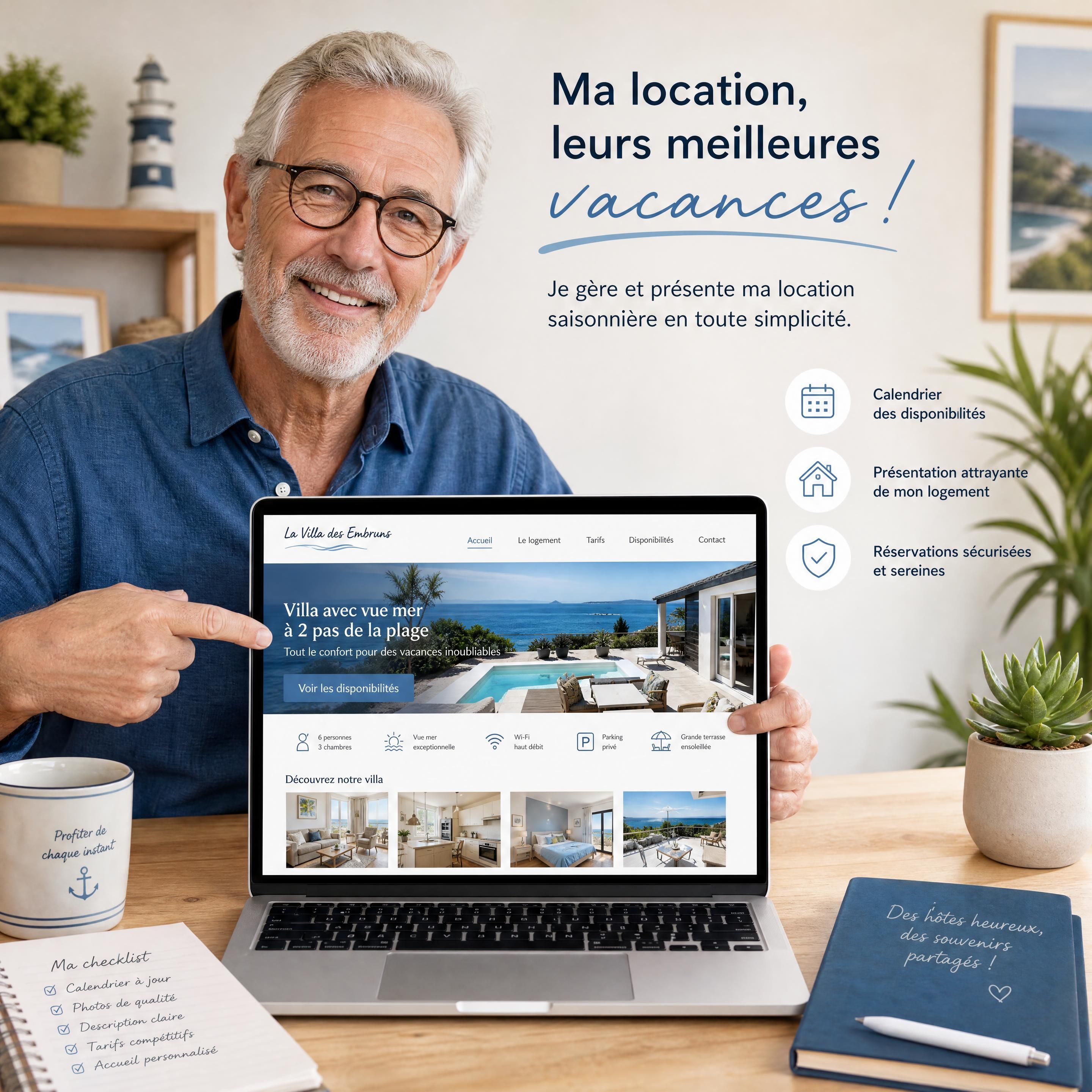 Propriétaire senior présentant son site de location saisonnière sur un ordinateur portable