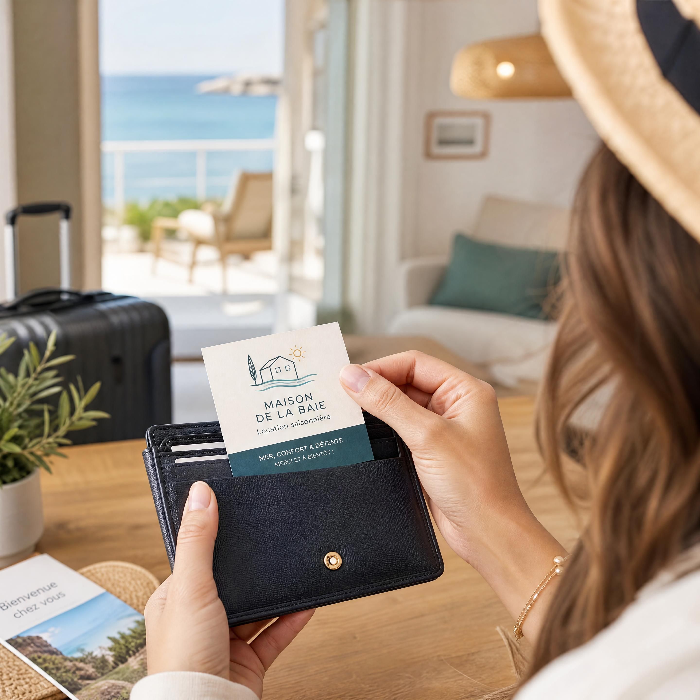 voyageuse conservant une carte de visite de location saisonnière dans son portefeuille