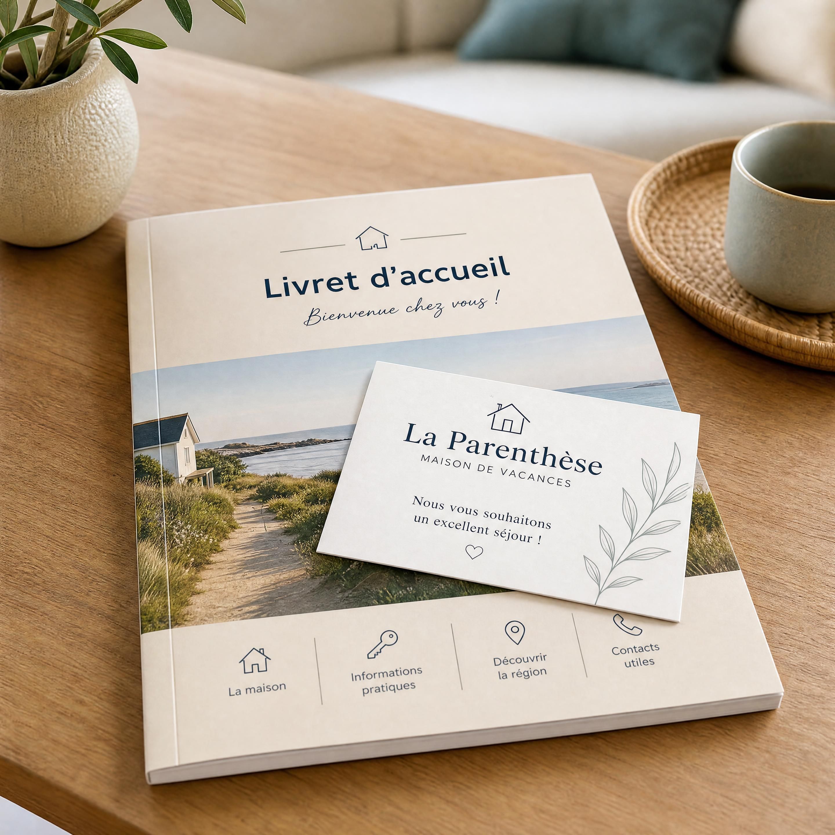 carte de visite élégante posée sur un livret d’accueil dans une maison de vacances