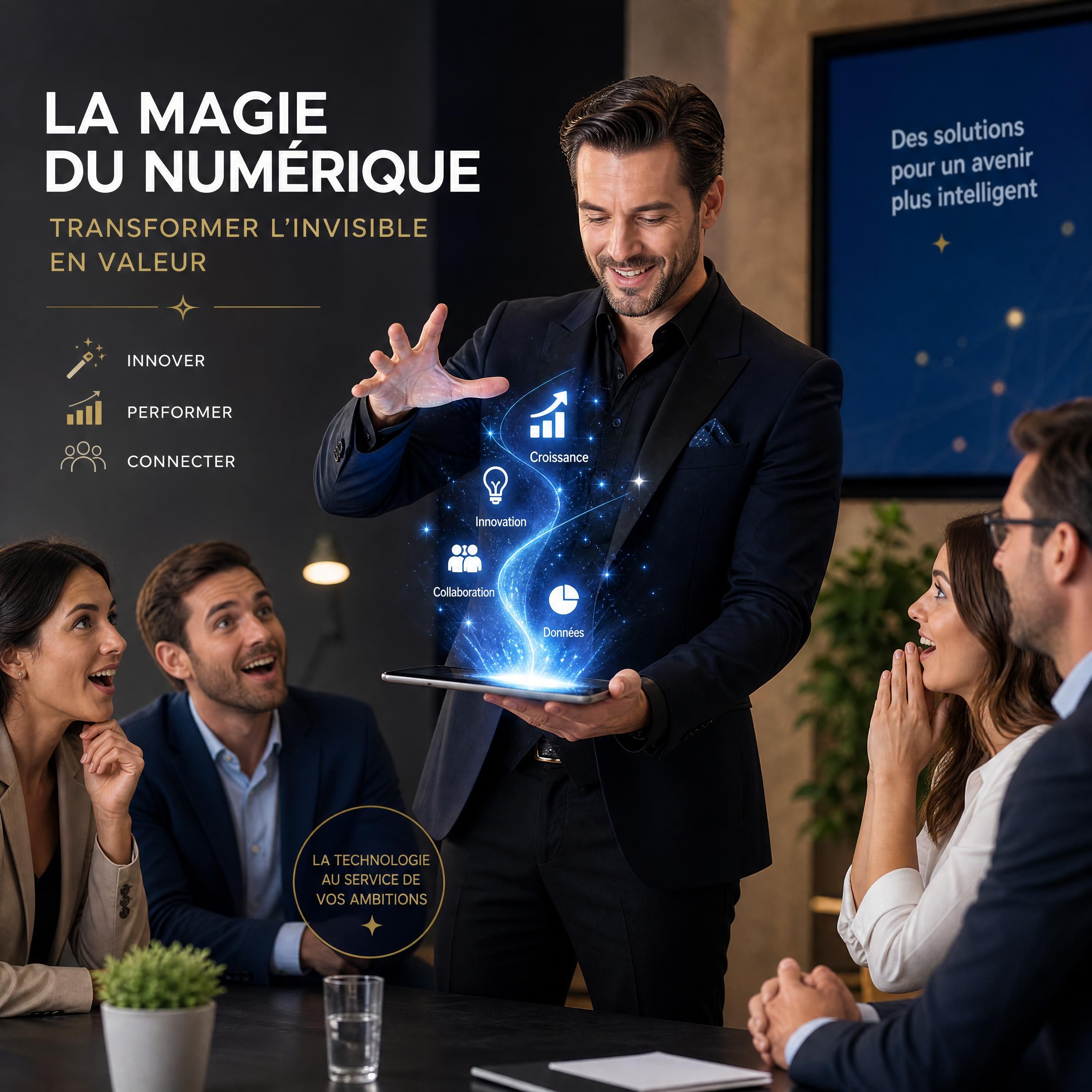 Magicien d'entreprise réalisant un tour de magie numérique sur tablette devant des invités captivés