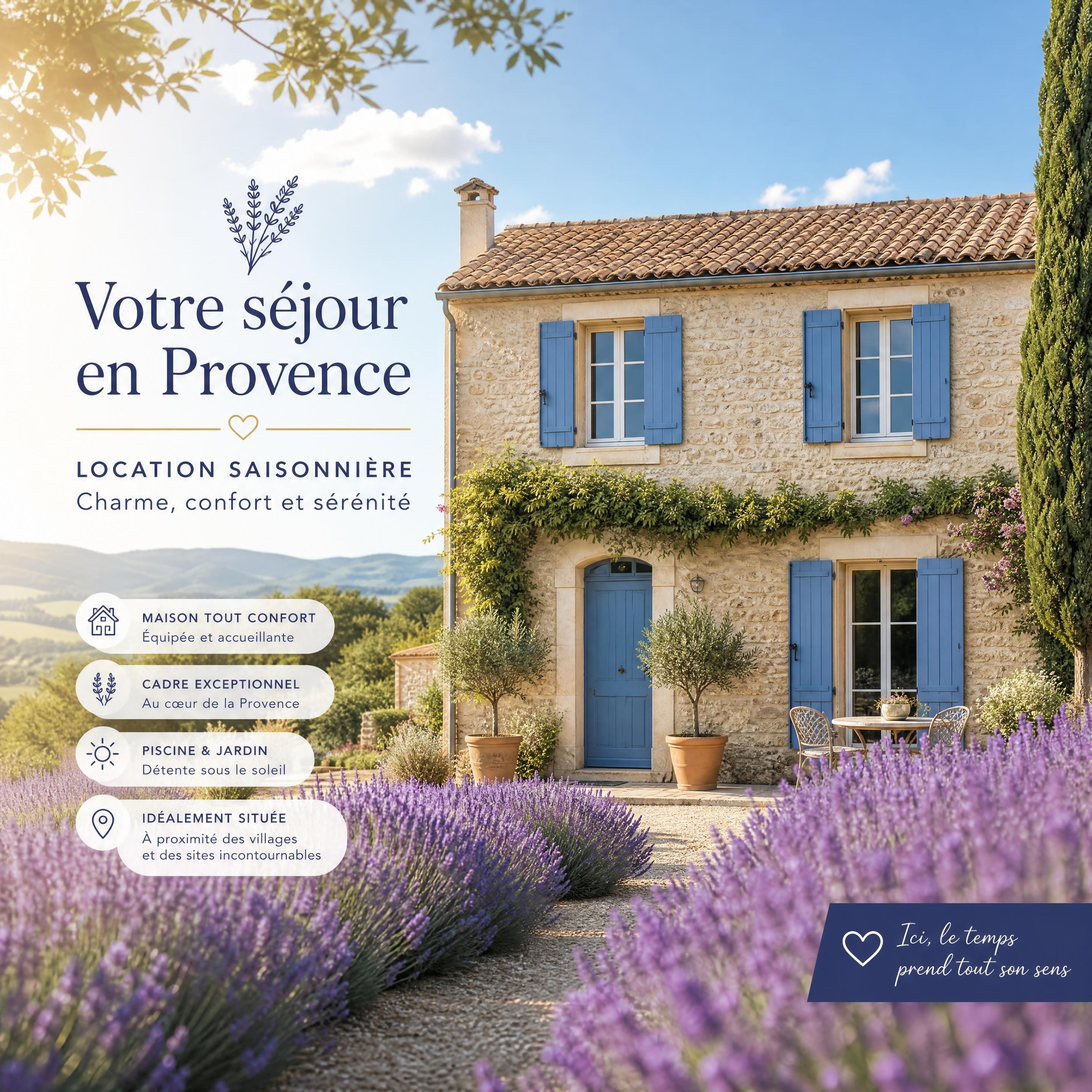 Une charmante maison provençale aux volets bleus entourée de lavande sous le soleil, illustrant une location saisonnière paisible et accueillante