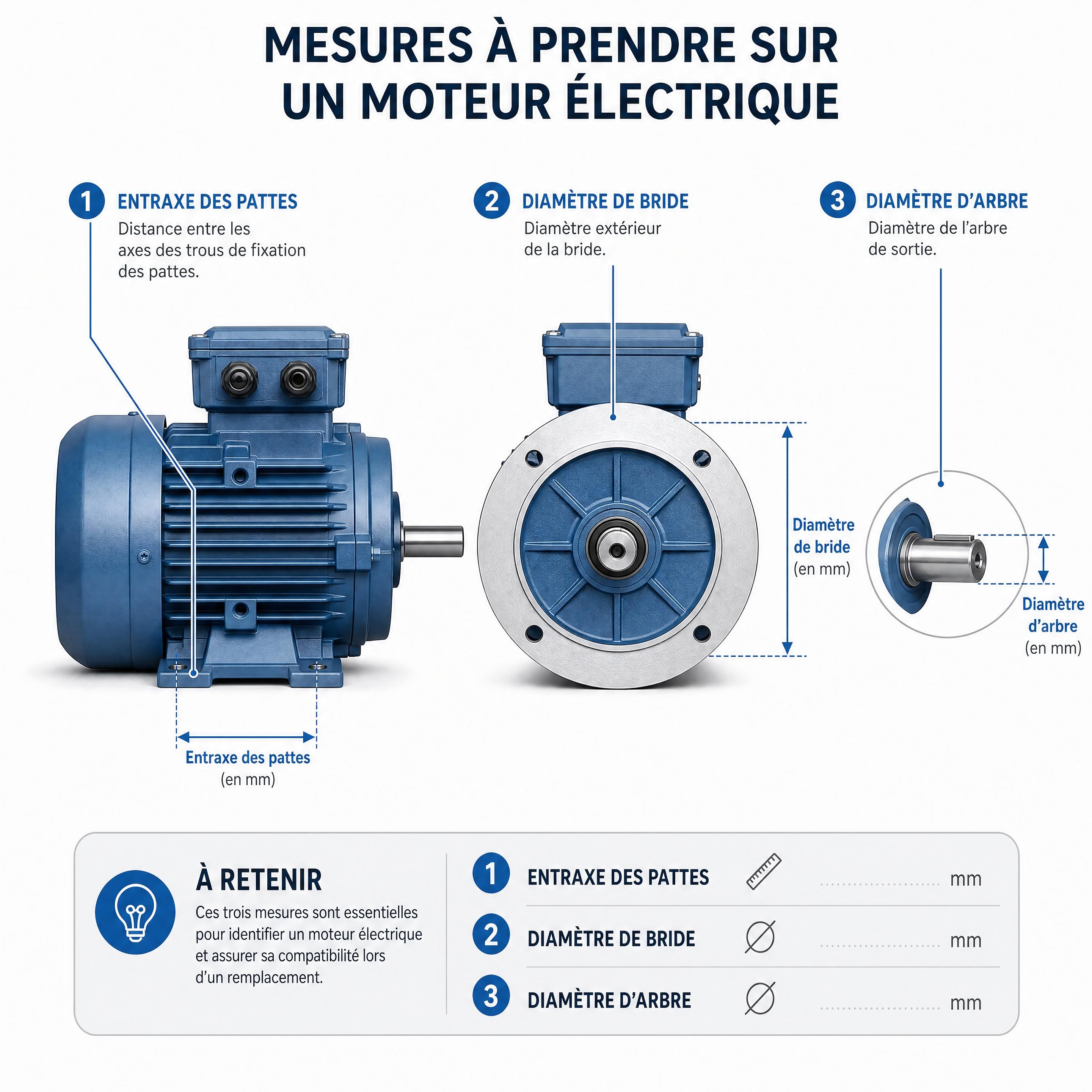 Schéma technique montrant les mesures à prendre sur un moteur électrique : entraxe des pattes, diamètre de bride et diamètre d’arbre