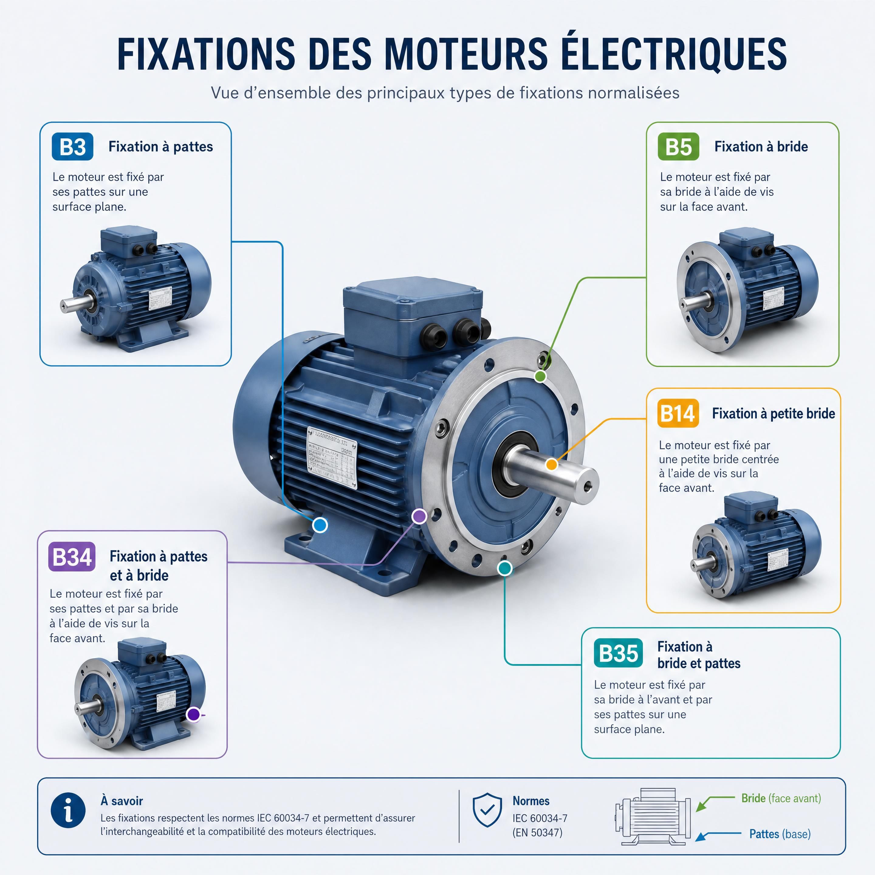 Vue d’ensemble d’un moteur électrique industriel avec repères visuels des fixations B3, B5, B14, B34 et B35