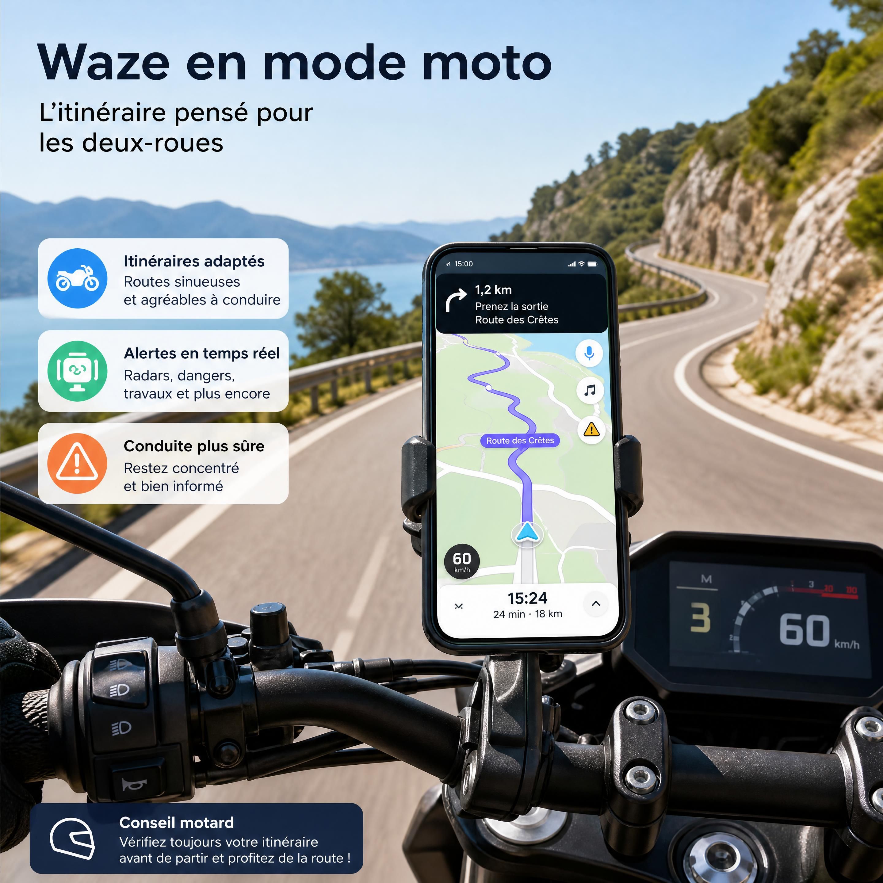 Motard utilisant Waze en mode moto sur un smartphone fixé au guidon, sur une route sinueuse