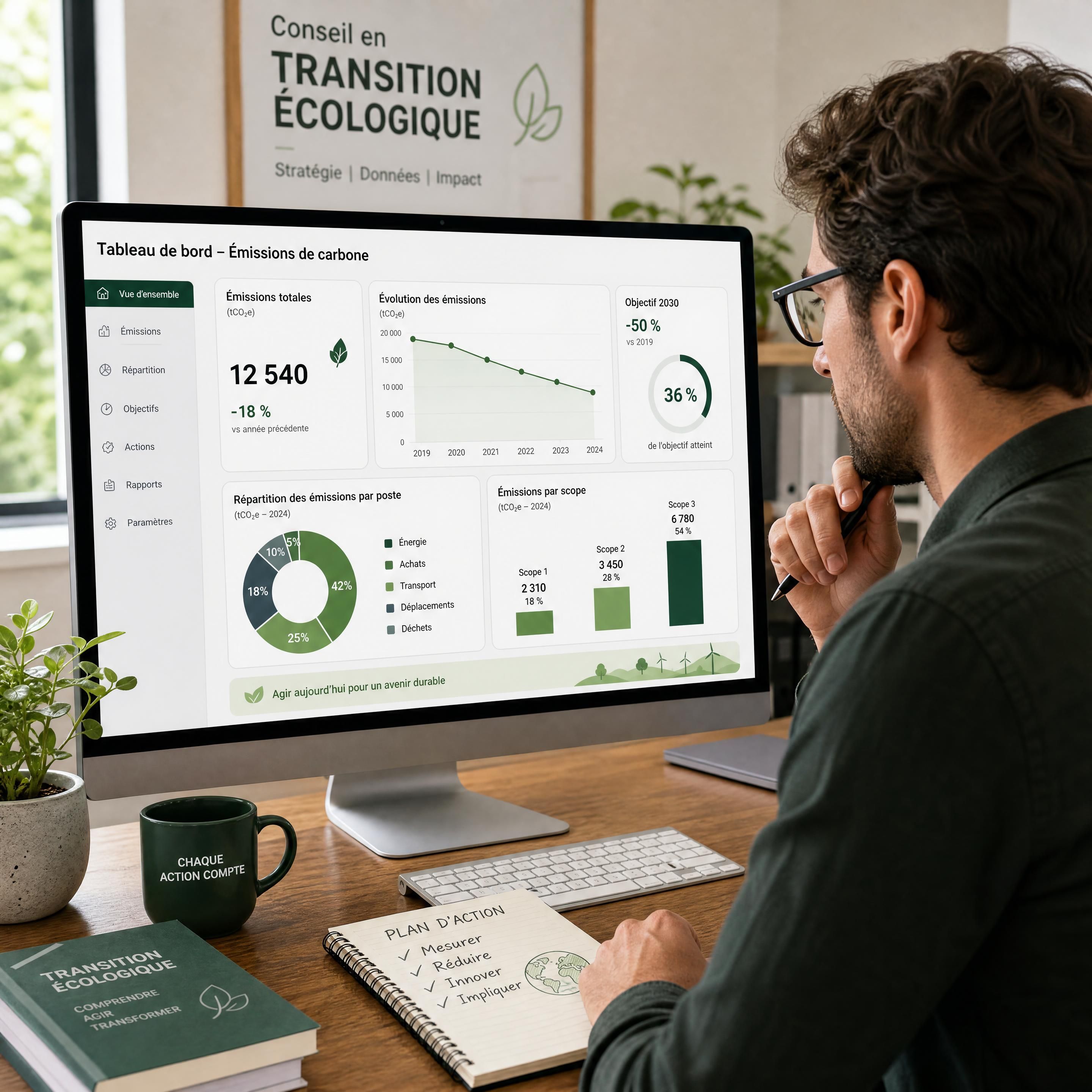 Un consultant en transition écologique analysant des données d'émissions de carbone sur un écran de bureau