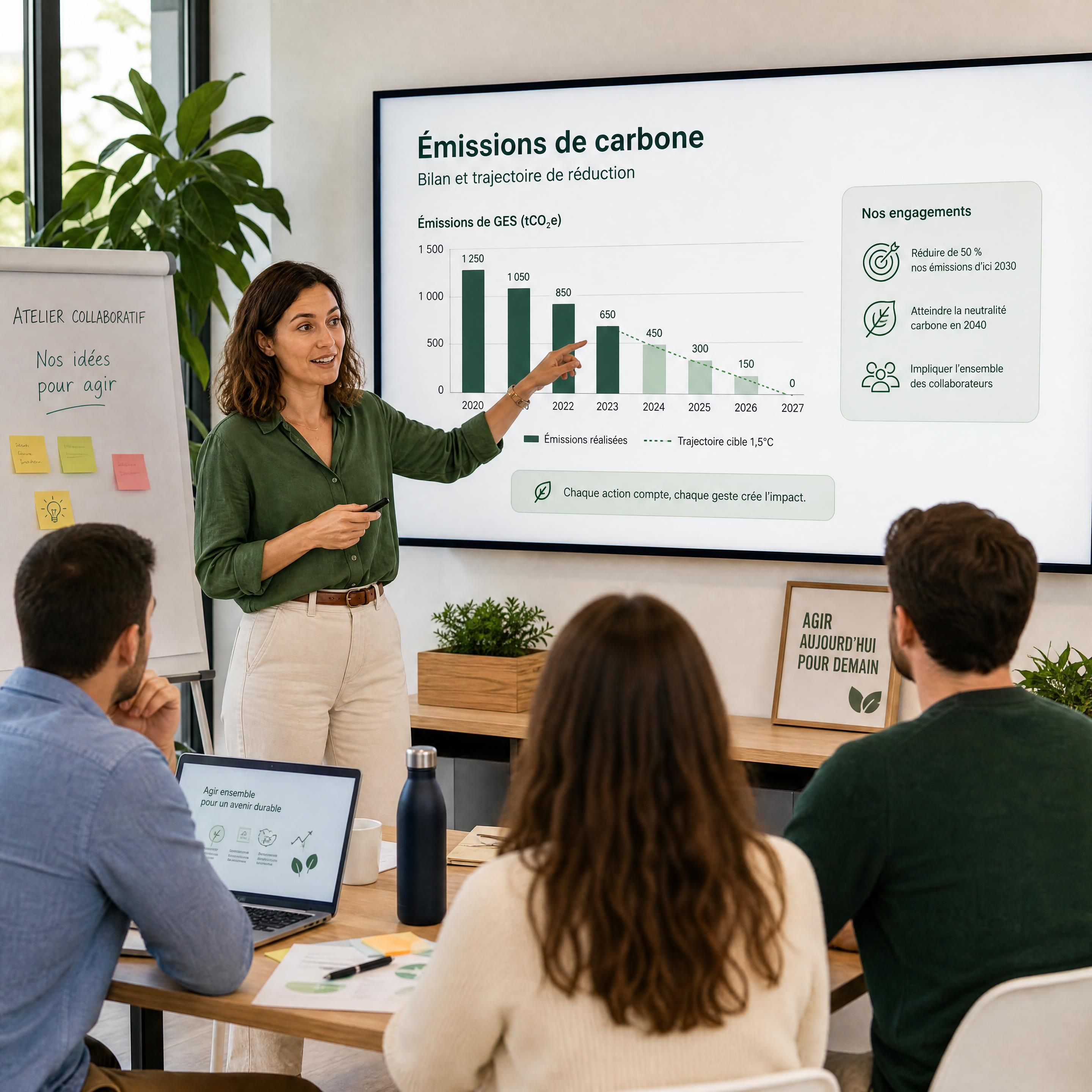 Une consultante en transition écologique présente un graphique d'émissions carbone lors d'un atelier collaboratif en entreprise