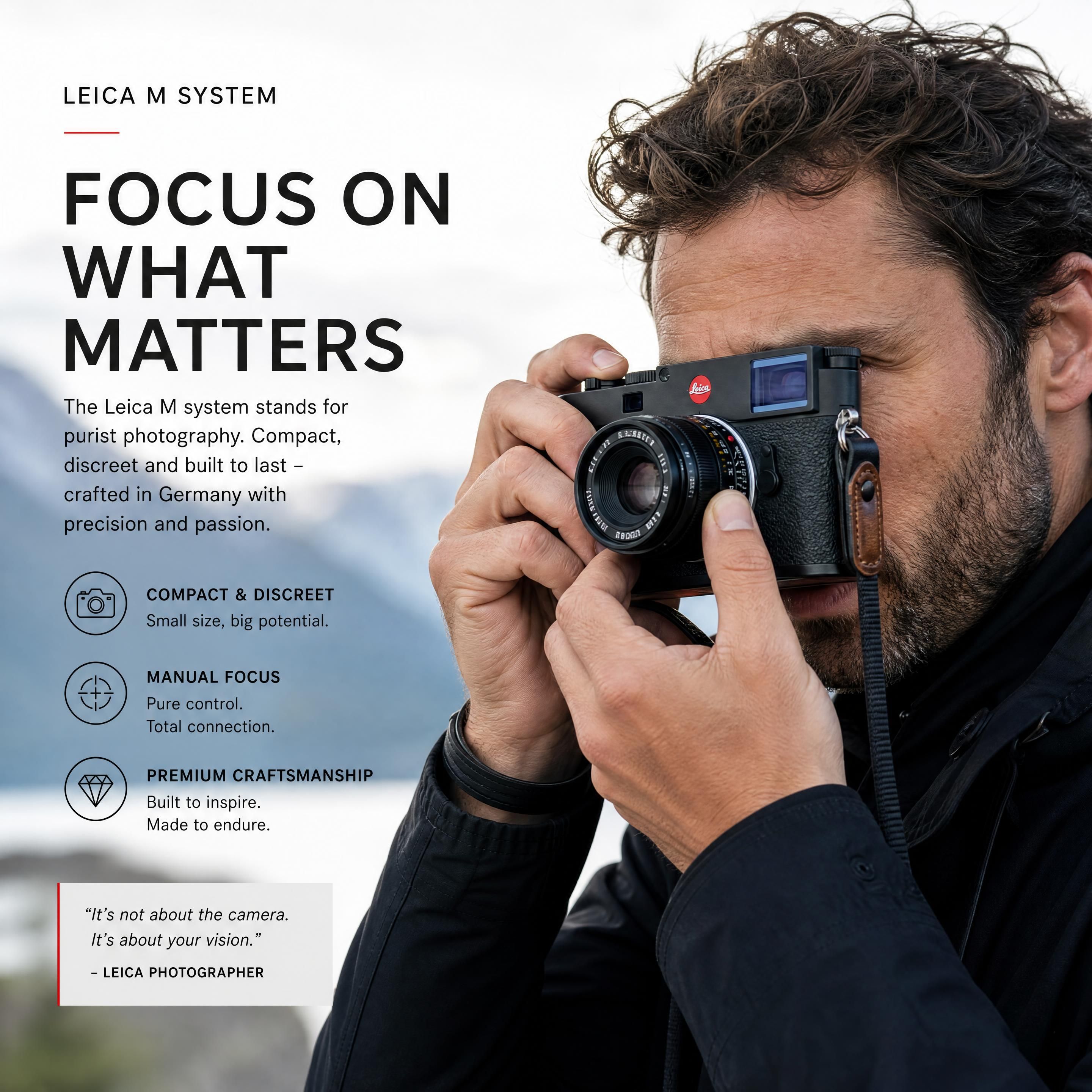 A professional photographer holding a Leica camera with a classic manual-focus M-mount lens, showcasing the compact build and premium craftsmanship