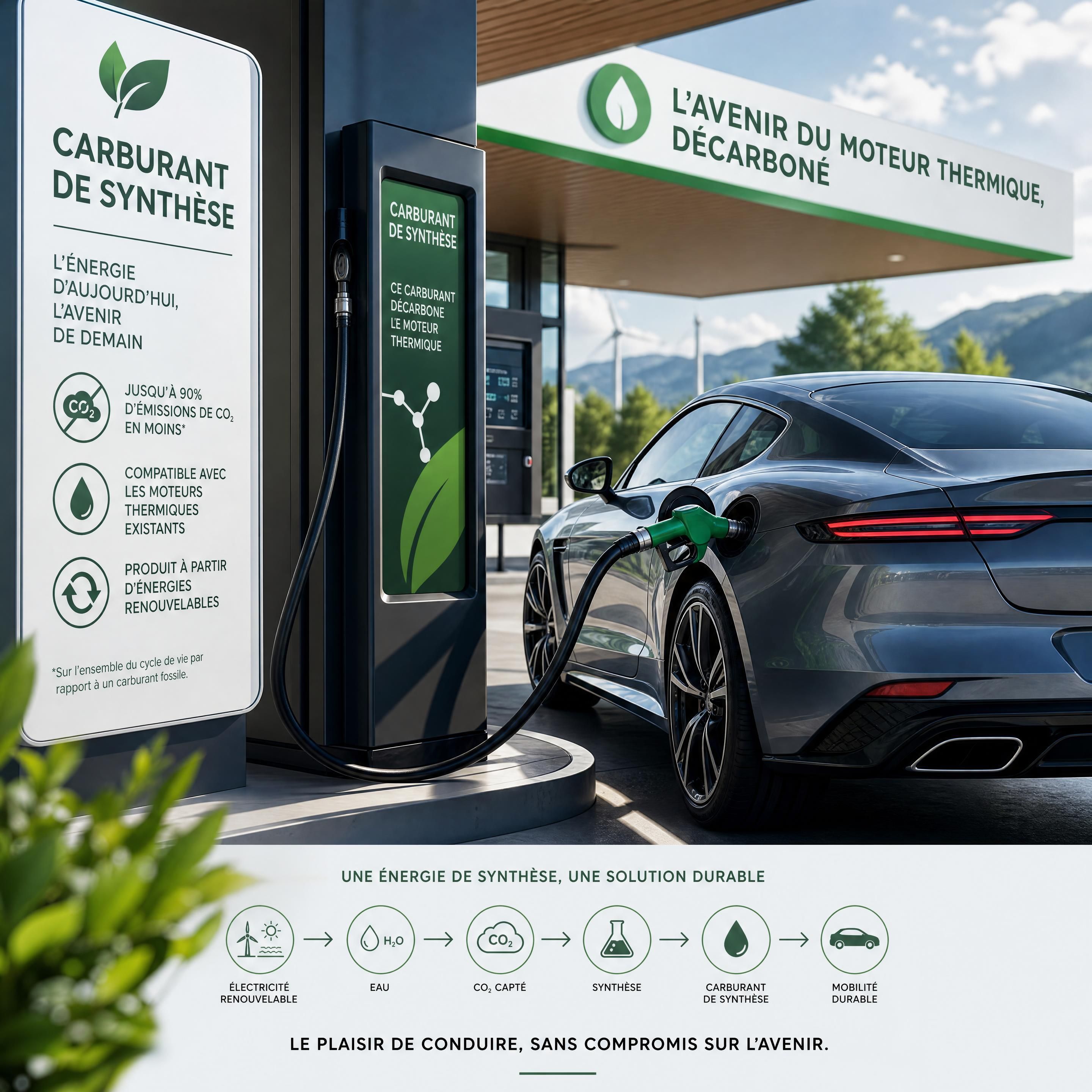 Un véhicule sportif moderne faisant son plein dans une station-service avec du carburant de synthèse, symbolisant l'avenir du moteur thermique décarboné