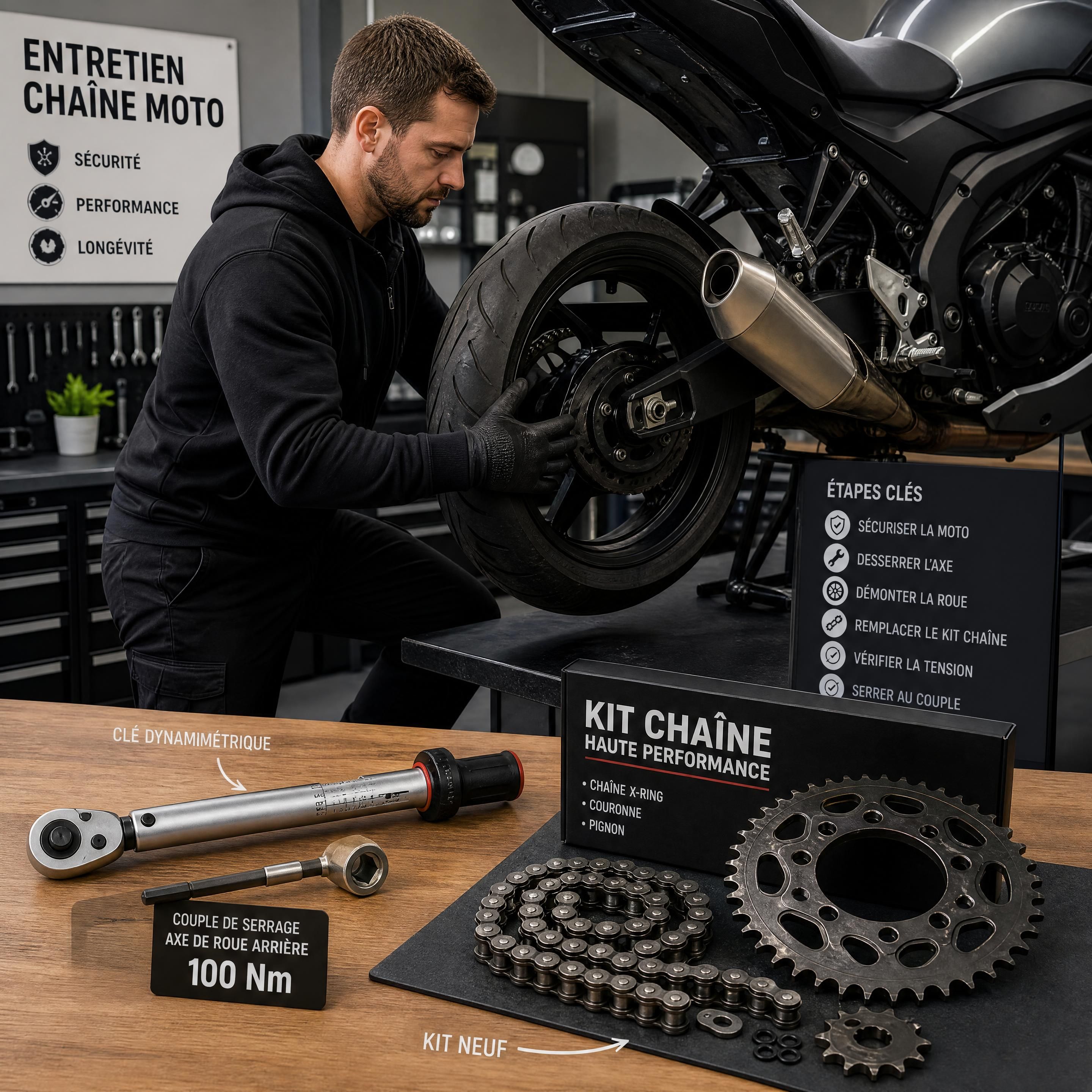 Un motard équipé de gants de protection démonte la roue arrière d'une moto dans un atelier avec une clé dynamométrique et un kit chaîne neuf