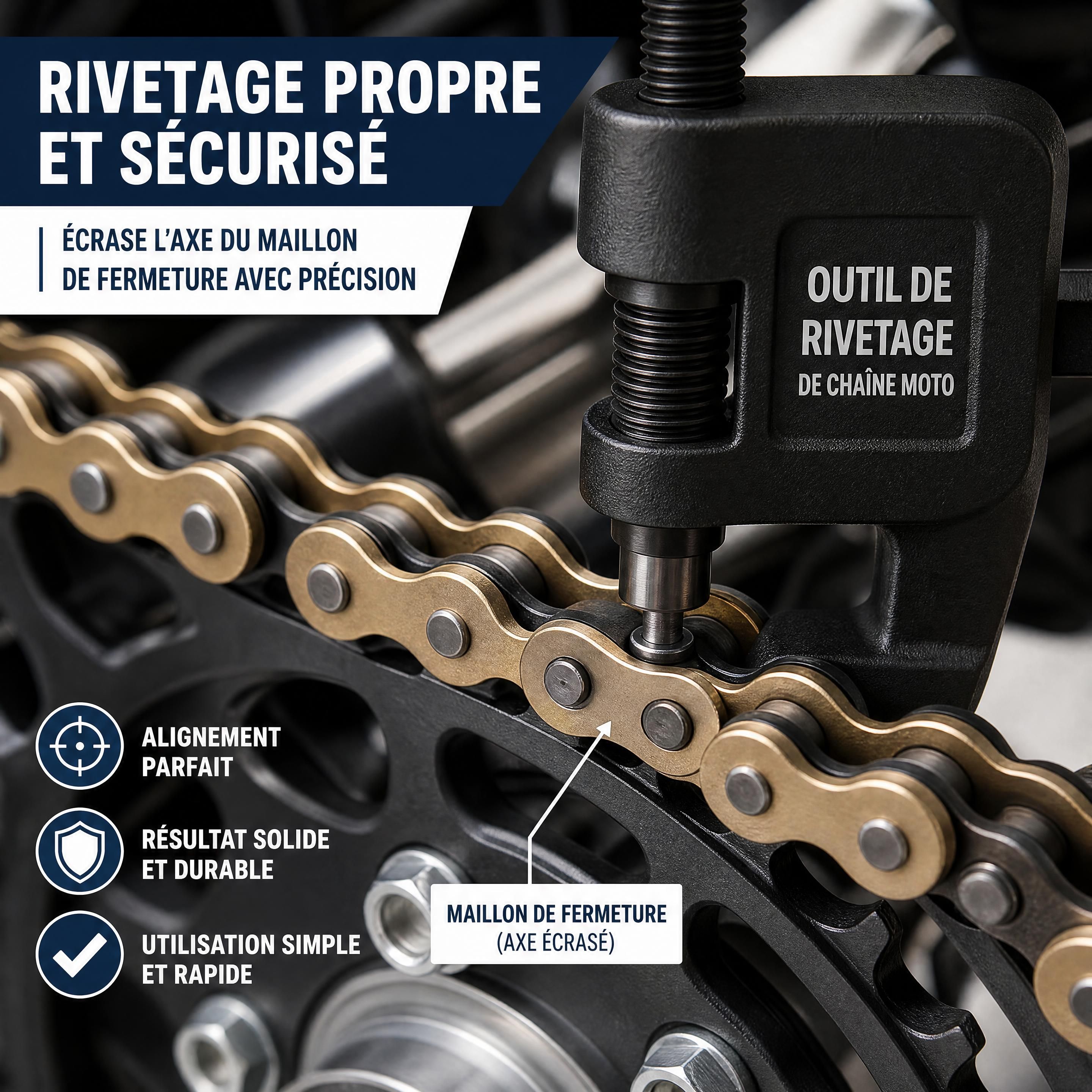 Outil de rivetage de chaîne moto en train d'écraser l'axe du maillon de fermeture