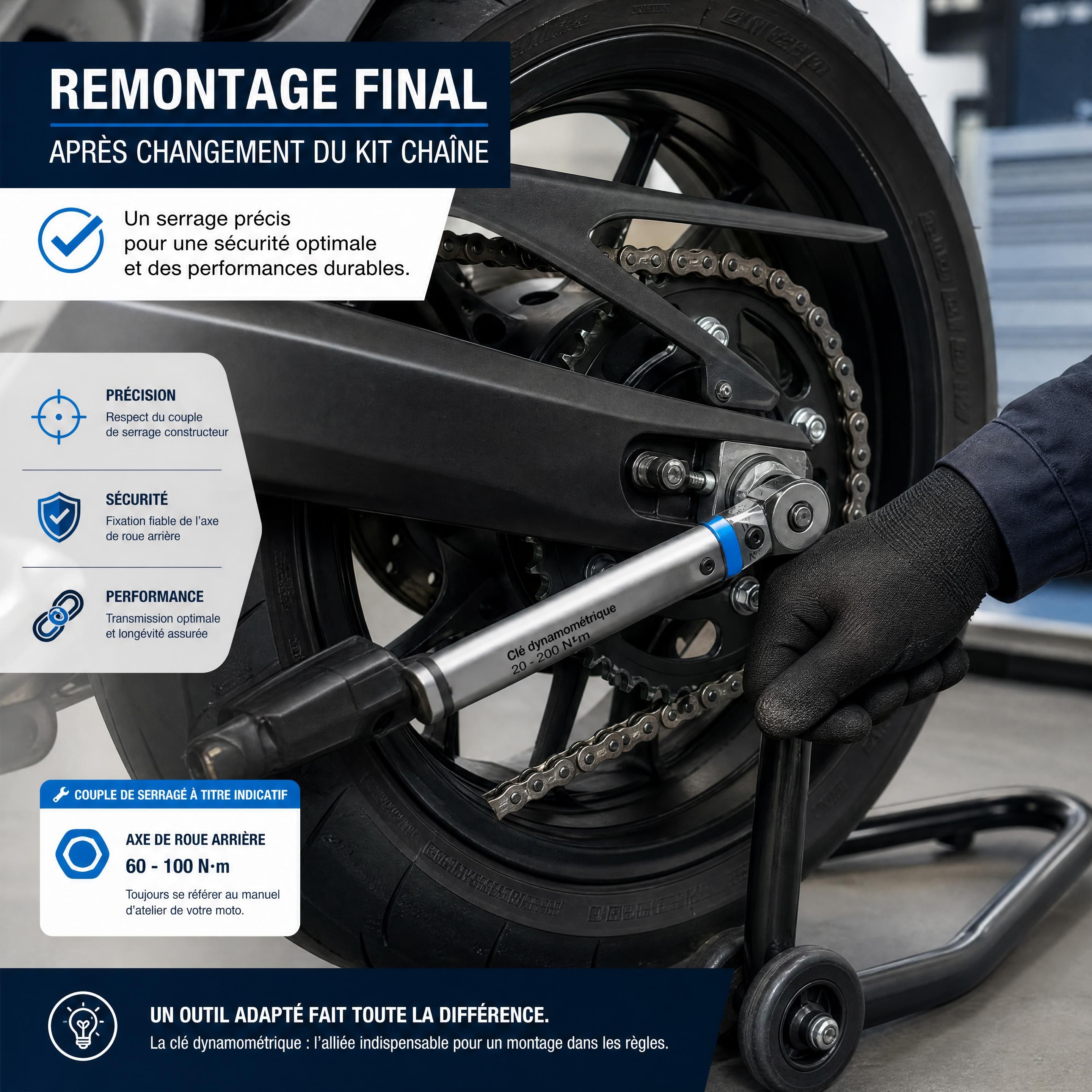 Clé dynamométrique utilisée sur l'axe de la roue arrière d'une moto