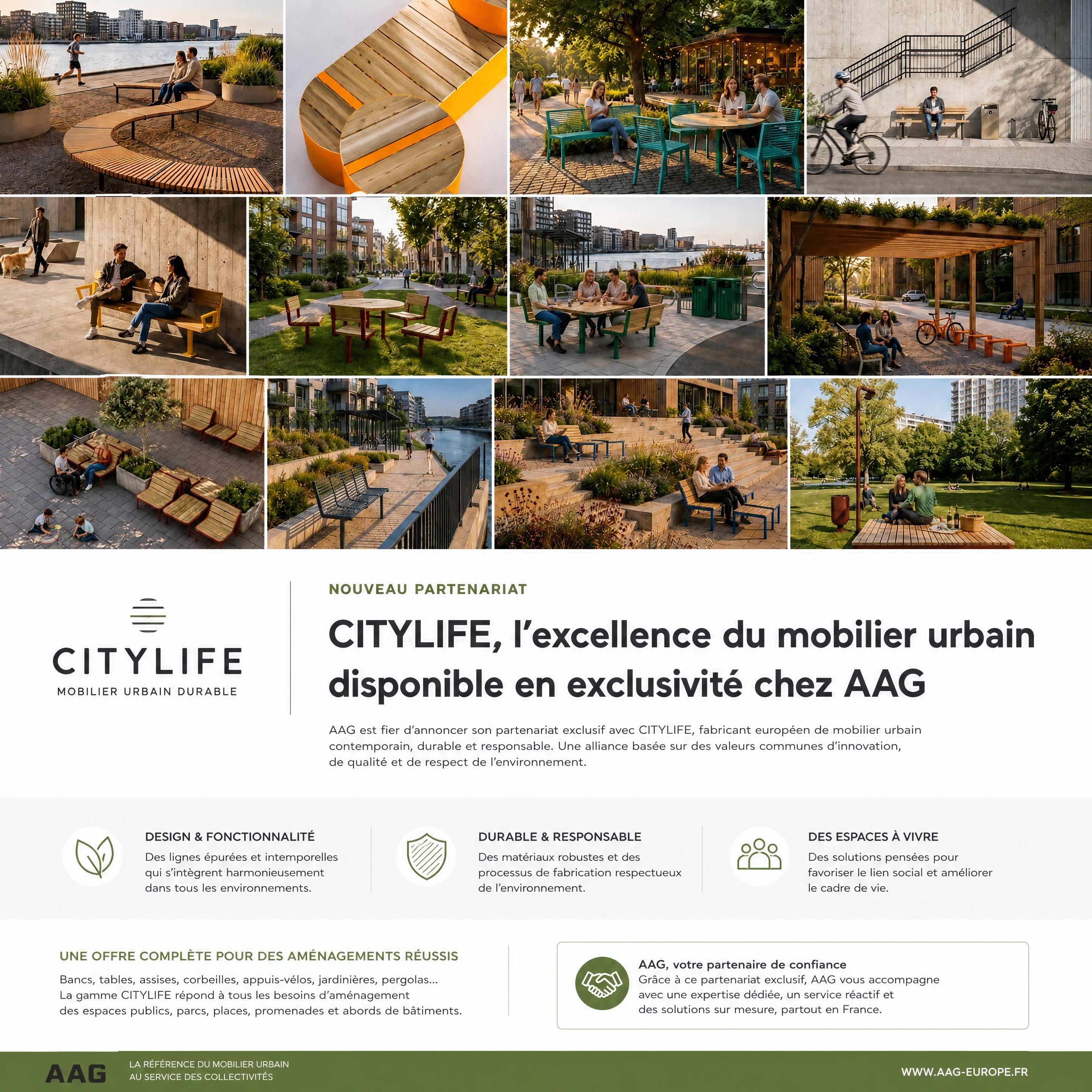 Vue d’ensemble d’un espace public contemporain aménagé avec du mobilier urbain Citylife, des équipements cyclables et des dispositifs de protection