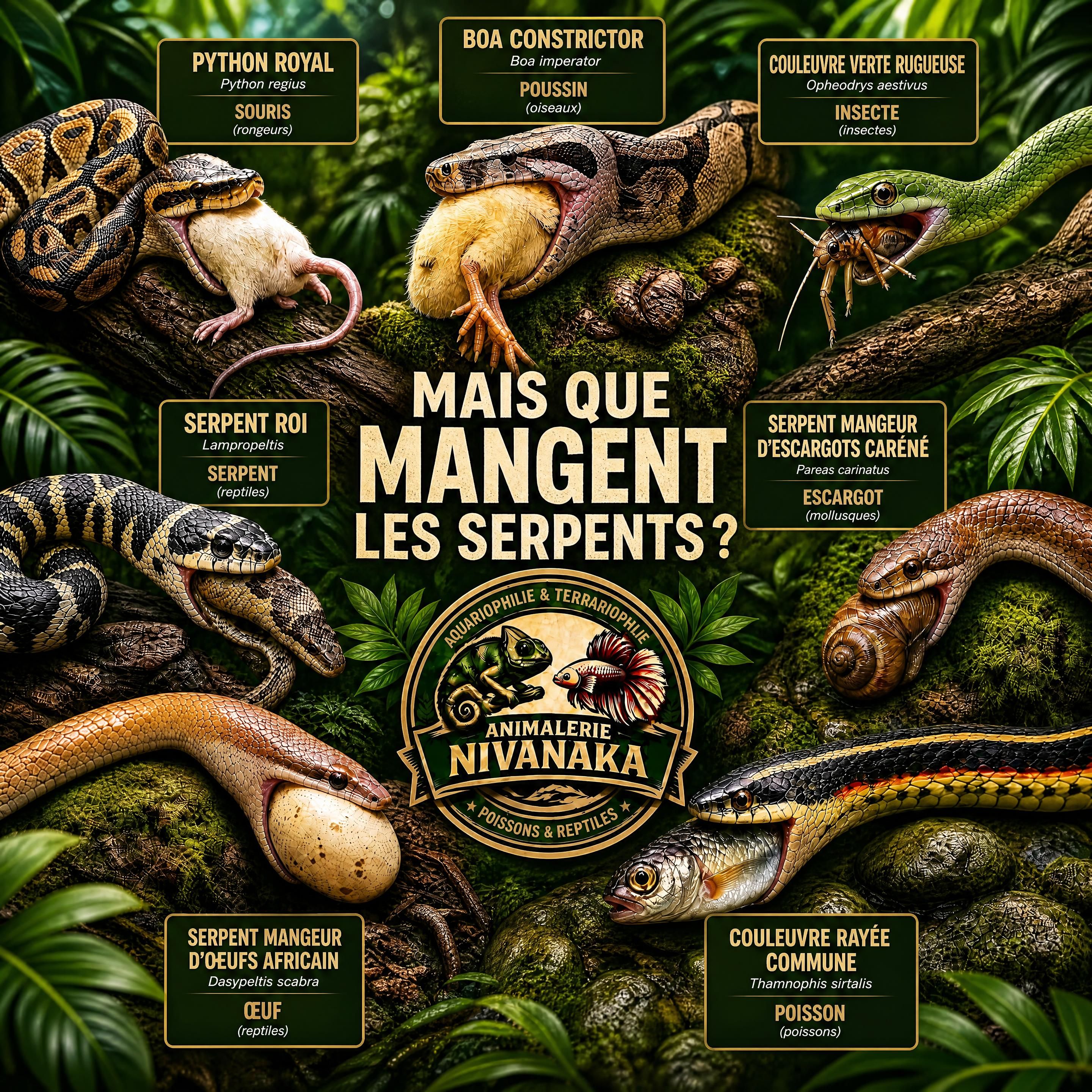 Diversité des régimes alimentaires des serpents avec un serpent insectivore, un serpent mangeur d’œufs, un serpent piscivore et un serpent ophiophage