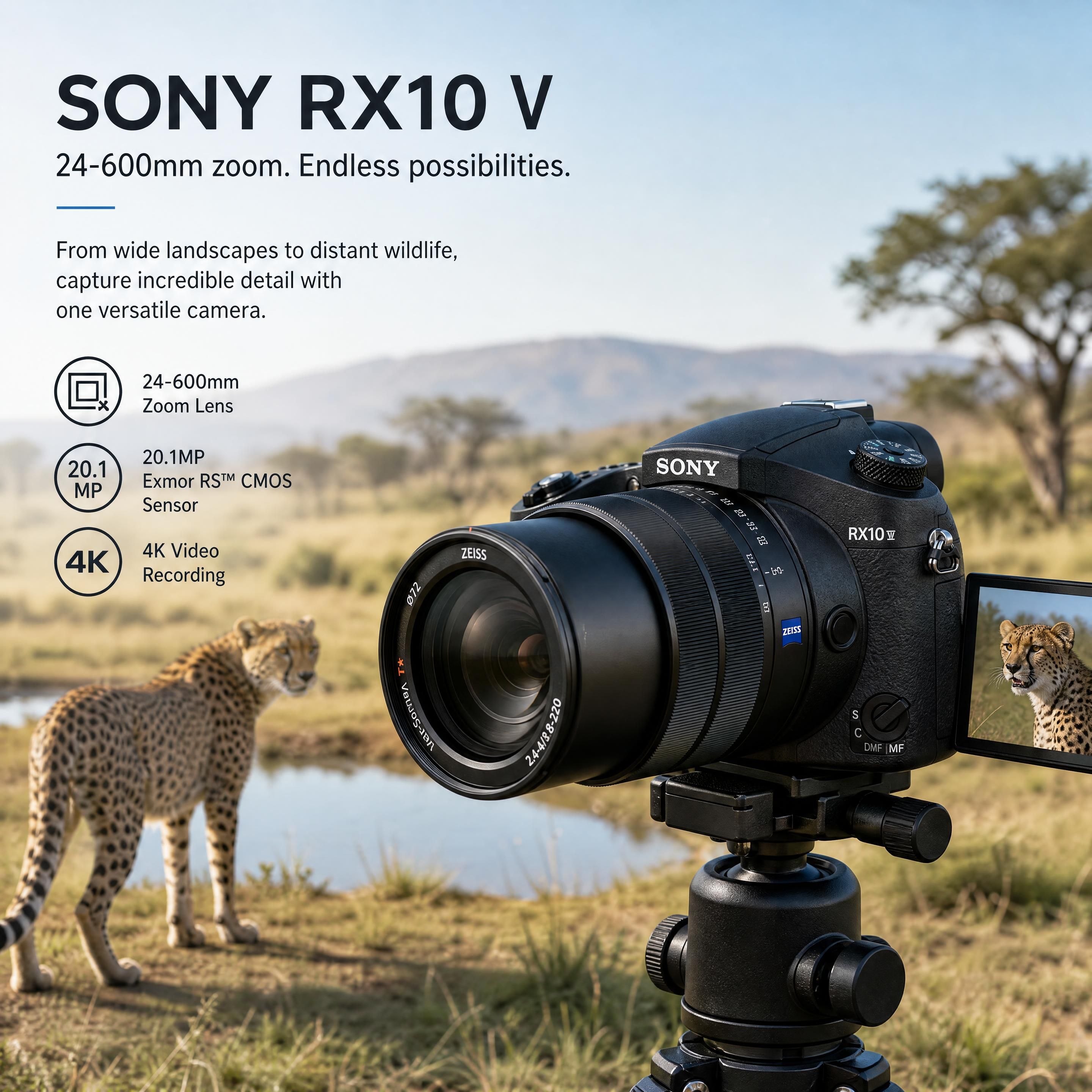 Sony RX10 V bridge camera with its 24-600mm zoom lens photographing wildlife outdoors