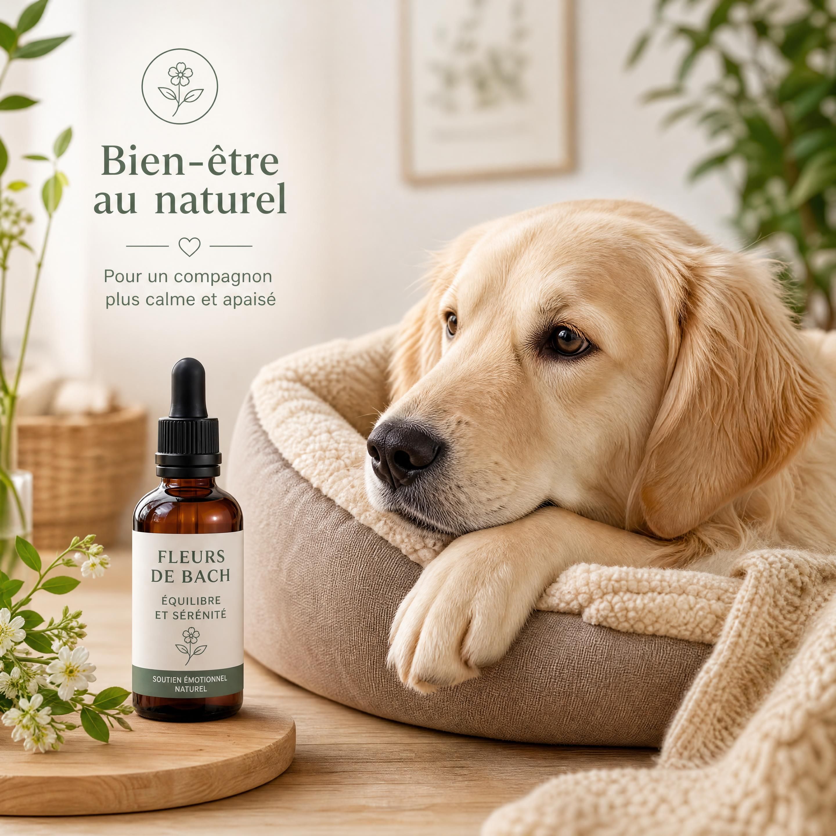 Flacon de fleurs de Bach posé à côté d'un chien calme et apaisé dans un panier douillet