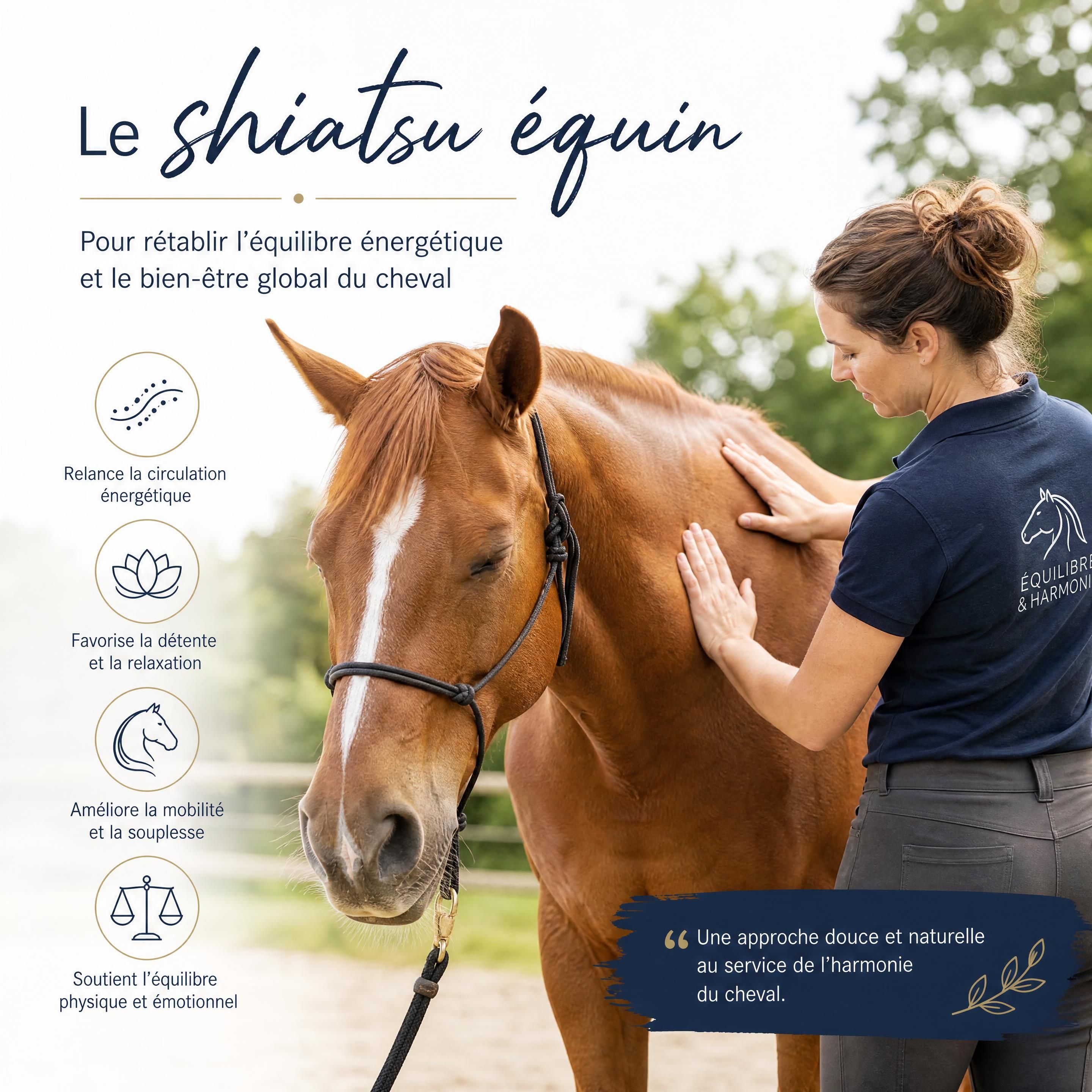 Praticienne effectuant une séance de shiatsu équin sur un cheval alezan en extérieur pour rétablir son équilibre énergétique
